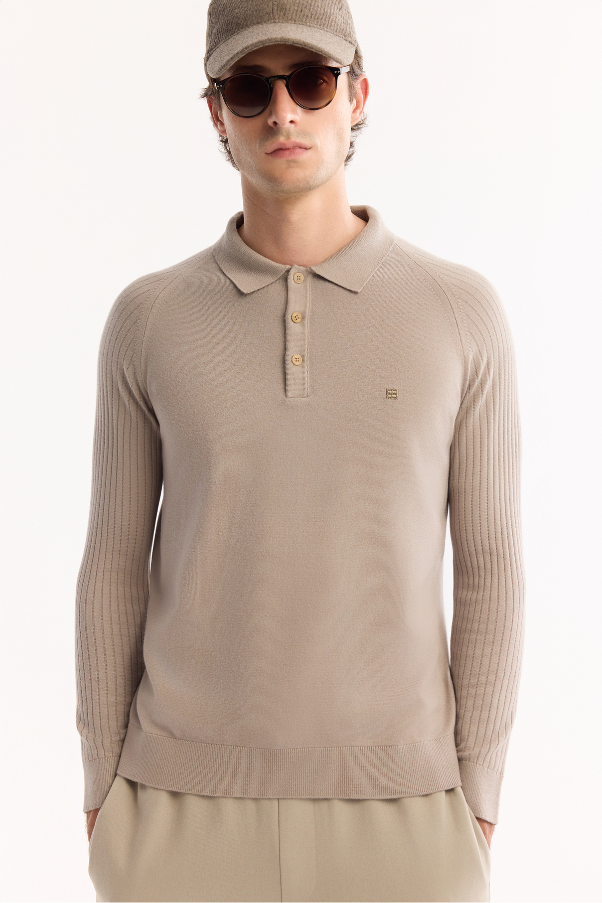 Erkek Vizon Polo Yaka Düğmeli Soft Touch Dokulu Triko Regular Fit Kazak A52Y5030 — بژ — تصویر 2 از 8