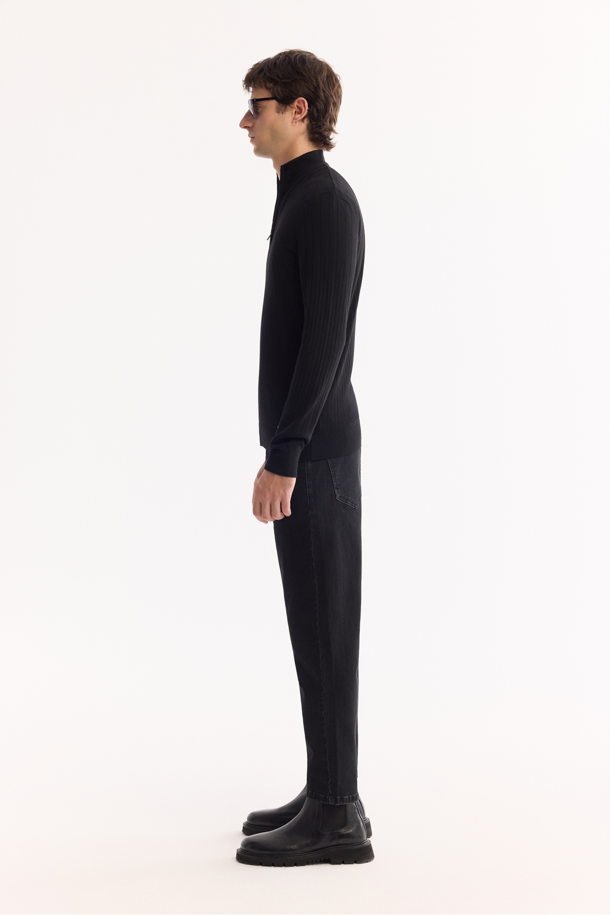 Erkek Siyah Dik Yaka Fermuarlı Soft Touch Çizgili Triko Regular Fit Kazak A52Y5151 — مشکی — تصویر 3 از 8