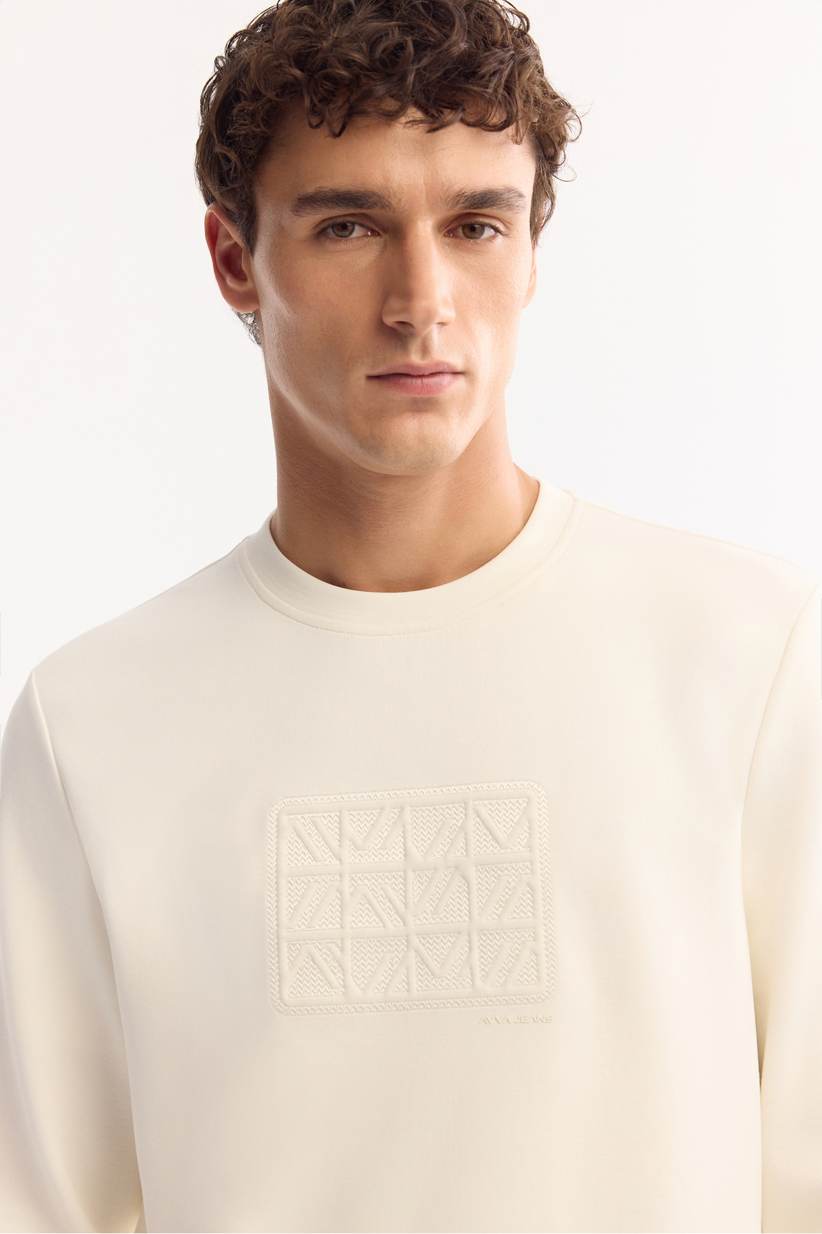 Erkek Ekru Bisiklet Yaka Pamuklu Bi-Stretch Baskılı Regular Fit Sweatshirt A52Y1289 — اکرو — تصویر 7 از 7