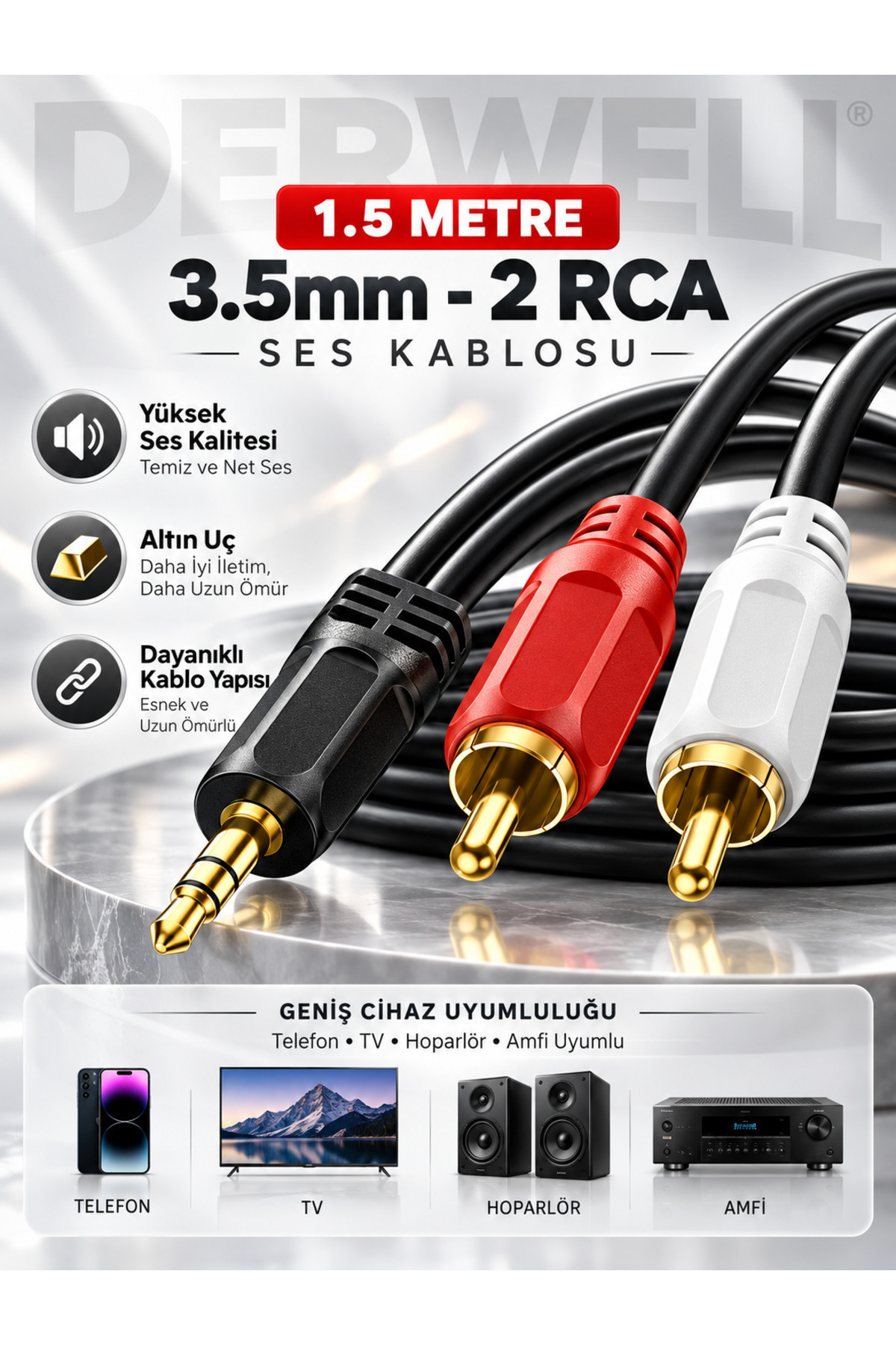 1.5 Metre 1.5mt 3.5mm 2rca Jak Kablosu Stereo Splitter Aux Profesyonel Av Kablosu Dvd Tv Cd Ses Kablosu