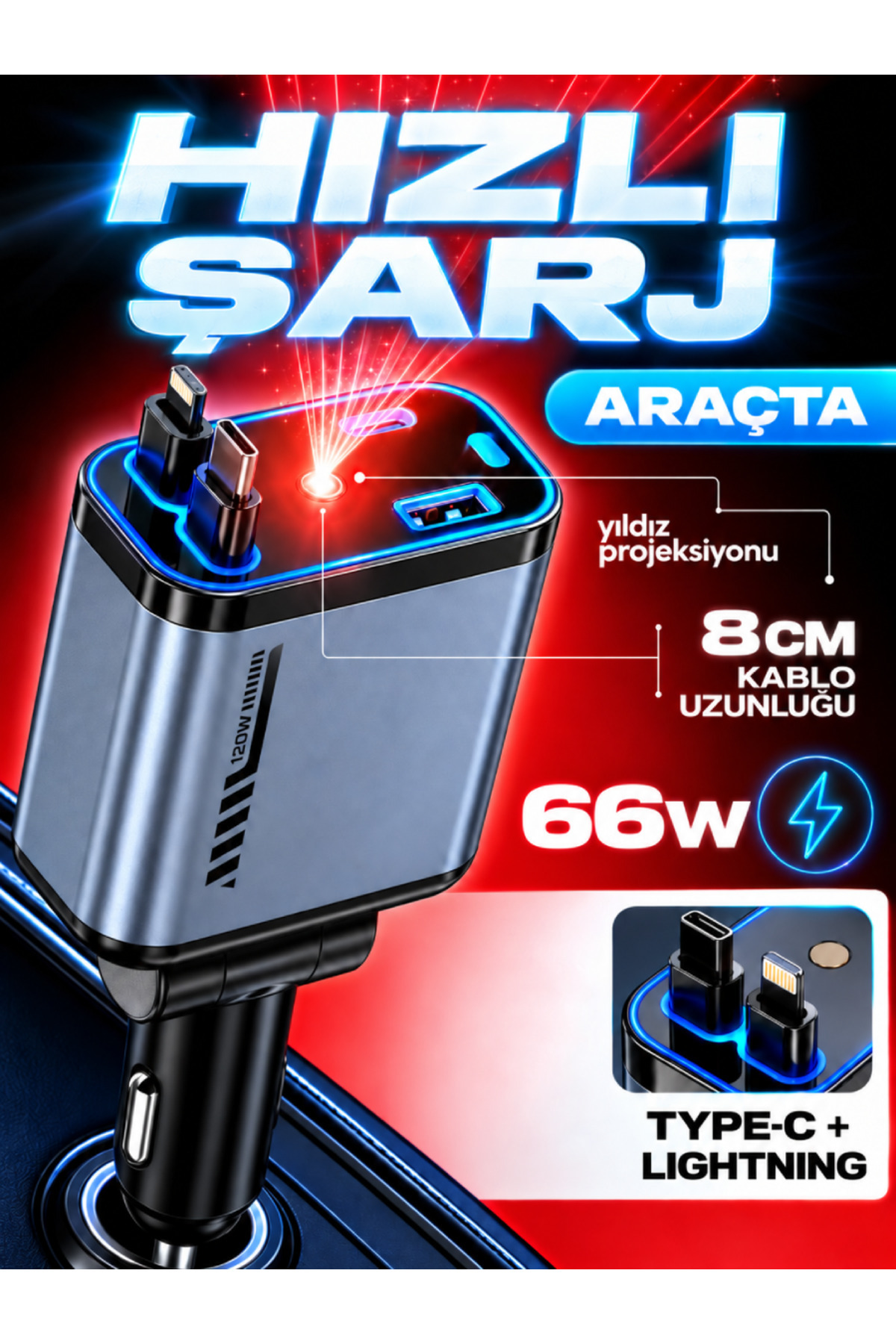 ACL RGB Yıldız Işıklı 4in1 Araç Şarj Aleti | 66W Süper Hızlı Şarj