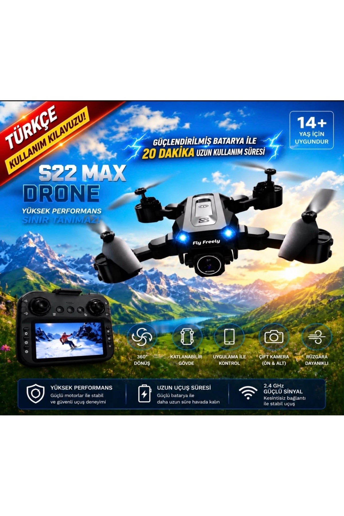 ROSE TEKNOLOJİ S22MAX DRONE EKRANLI KUMANDA TEK TUŞLA GERİ GELME ÇİFT BATARYALI UYGULAMA KONTROLLÜ TAŞIMA ÇANTANLI DRONE ( laptop standı hediye )