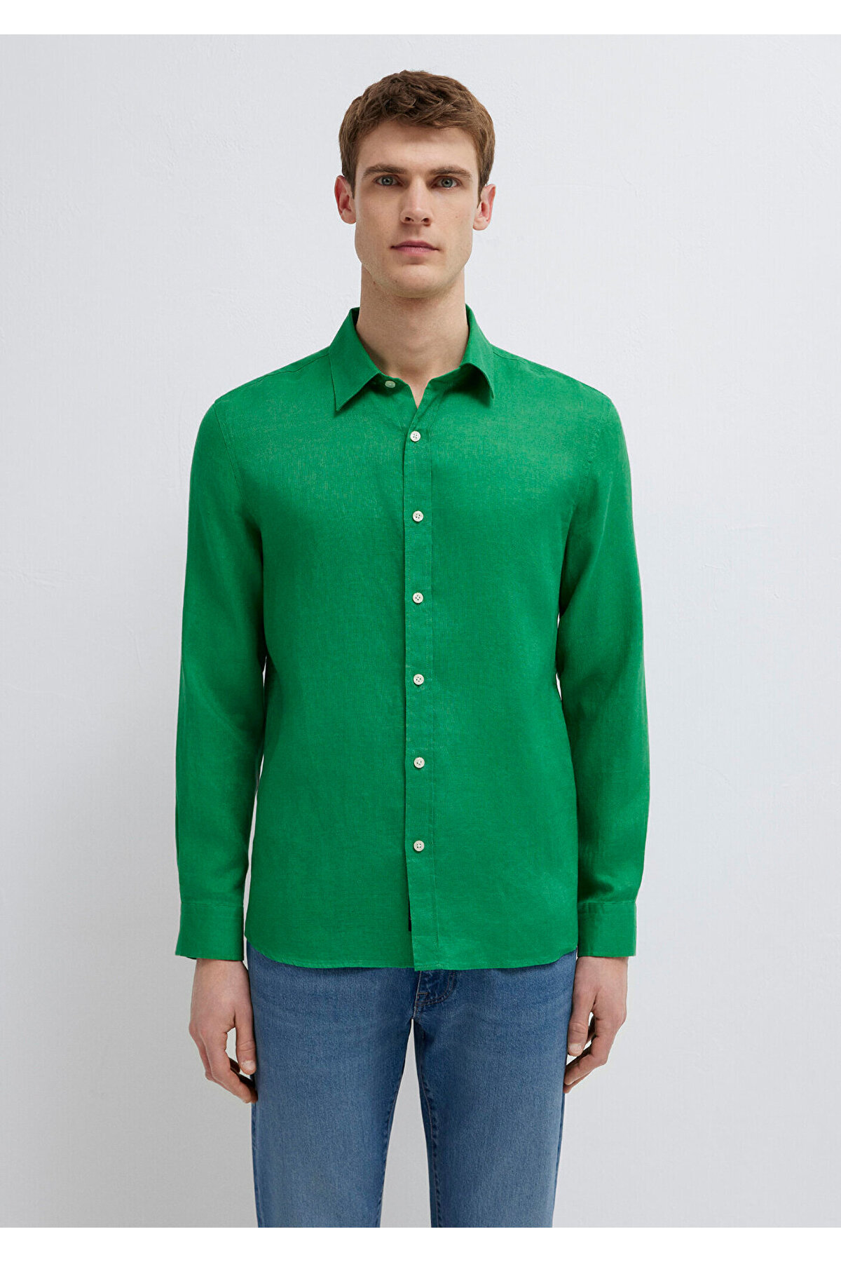 Yeşil Keten Gömlek Slim Fit / Dar Kesim 0211466-71704 — سبز — تصویر 3 از 7