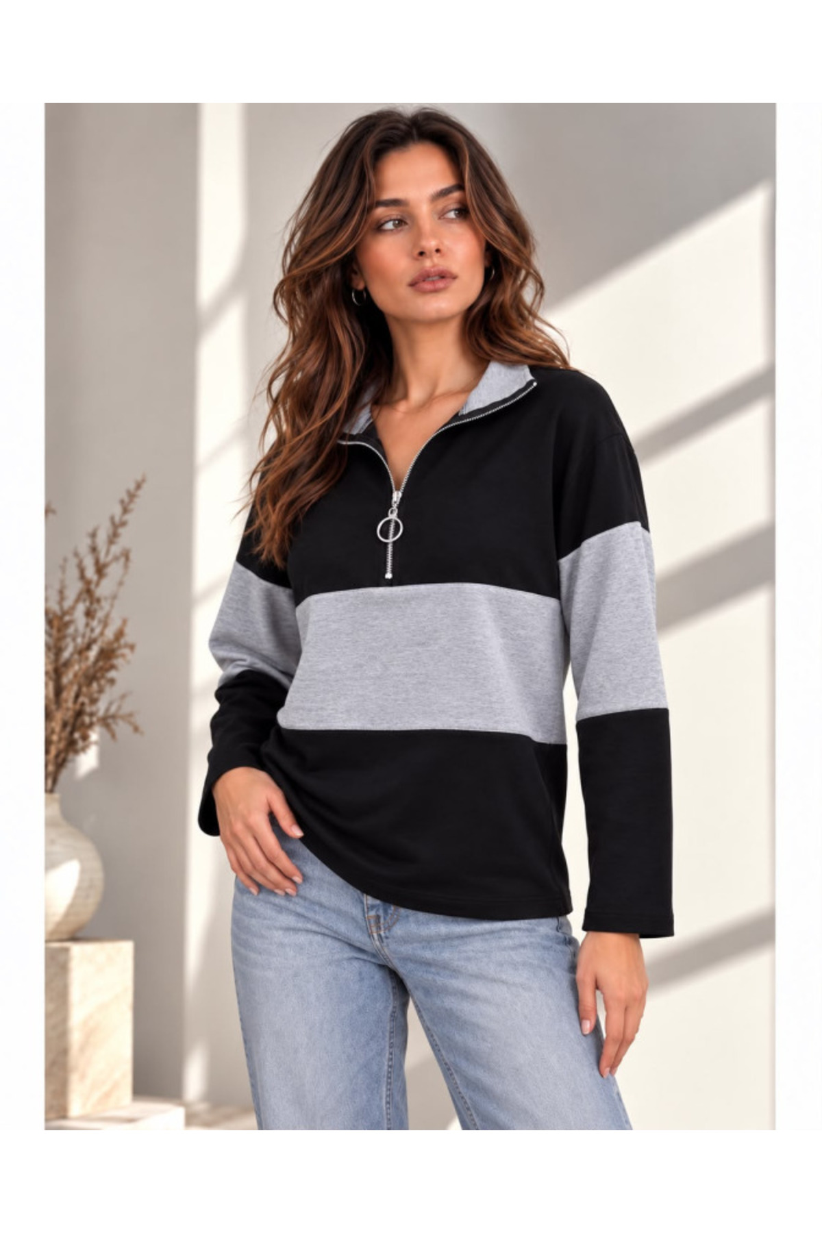 Kadın Fermuarlı Yaka Renk Bloklu Sweatshirt / Üst