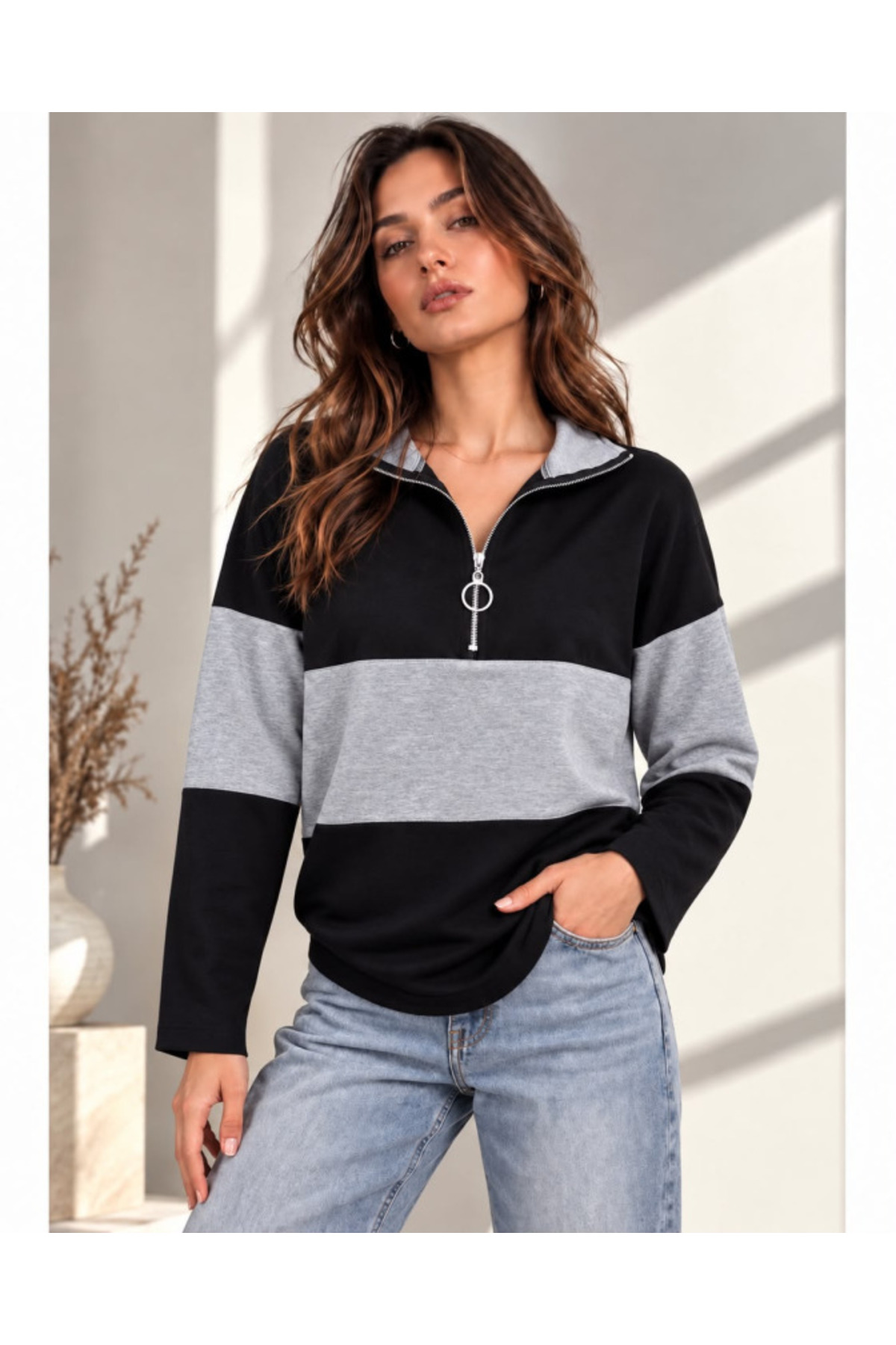 Kadın Fermuarlı Yaka Renk Bloklu Sweatshirt / Üst