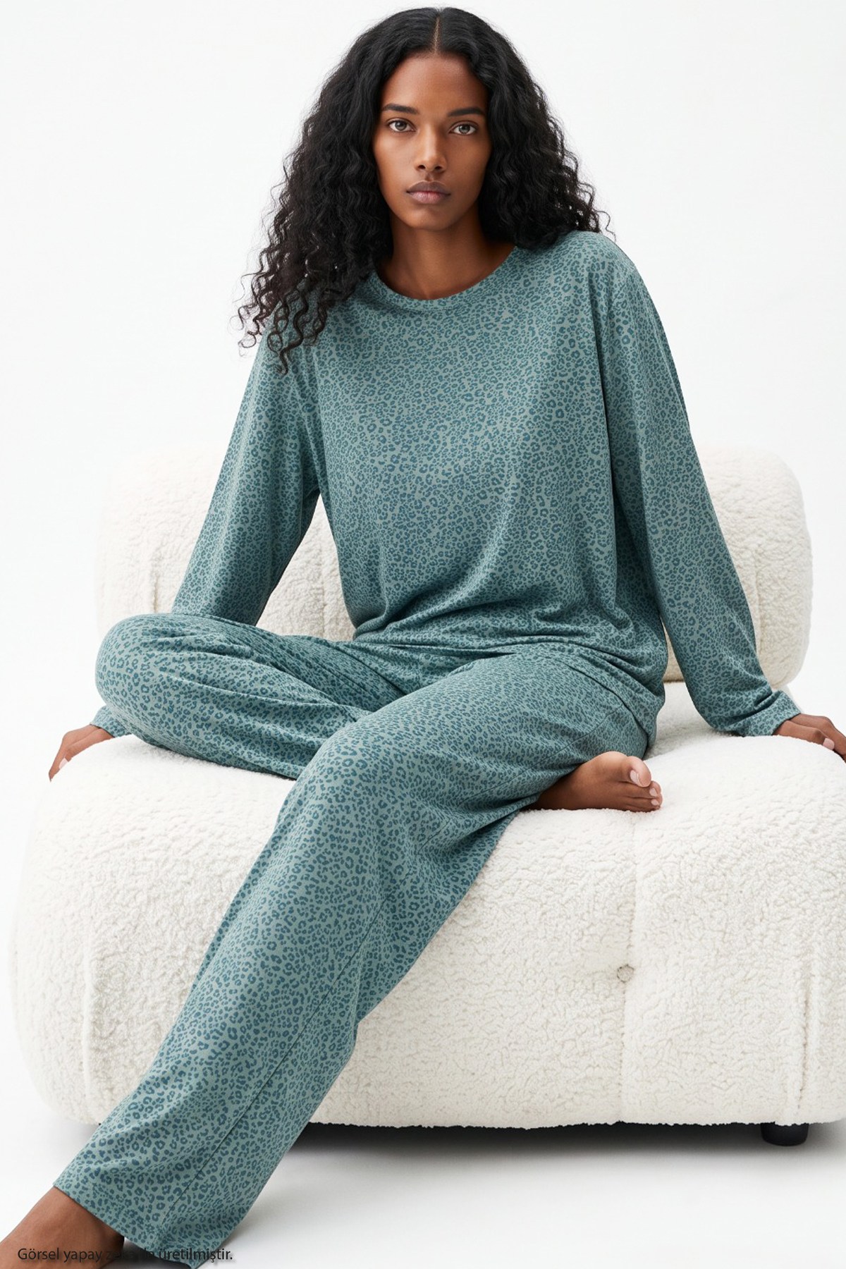 Siyah İnci Grünes gestricktes Pyjama-Set mit Leopardenmuster 8078