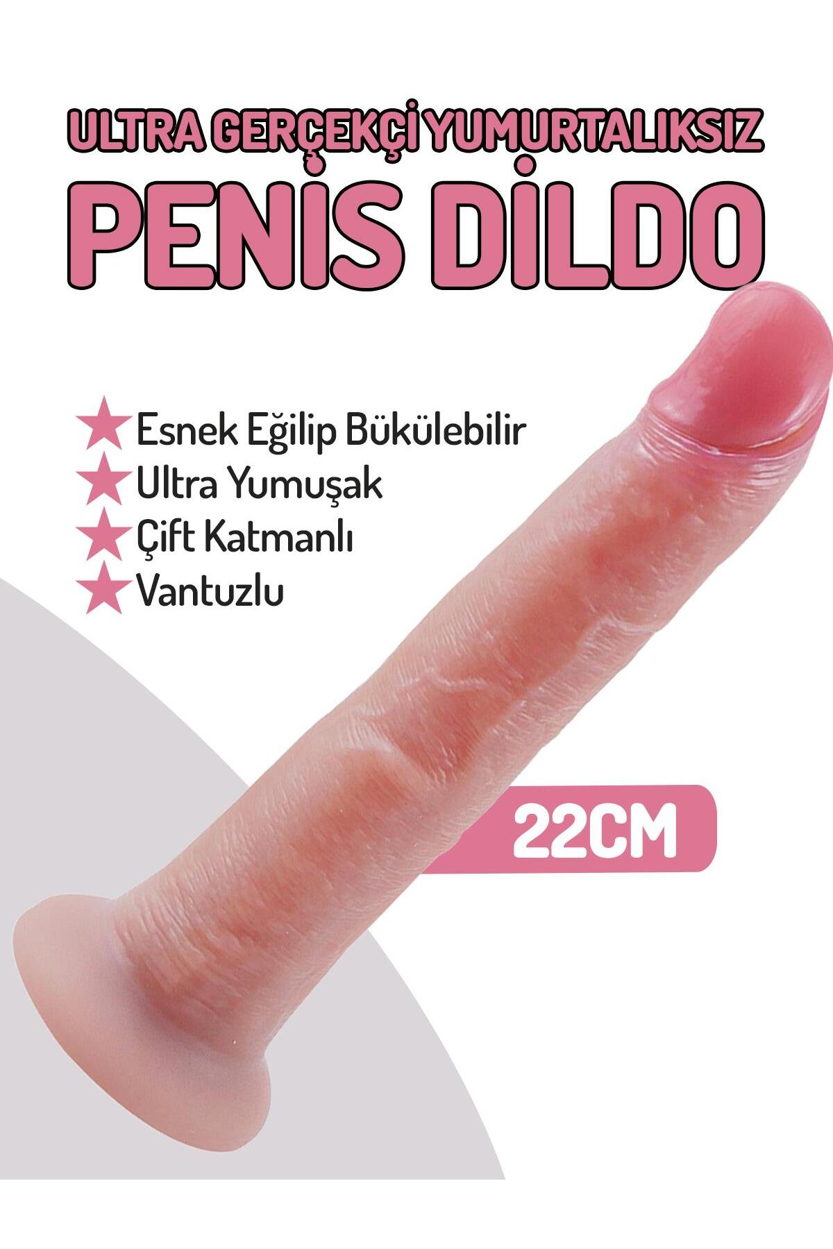 Esnek Realistik Yumuşak 22 Cm Penis Eğilip Bükülebilir Çift Katmanlı Vantuzlu Yumurtalıksız Dildo