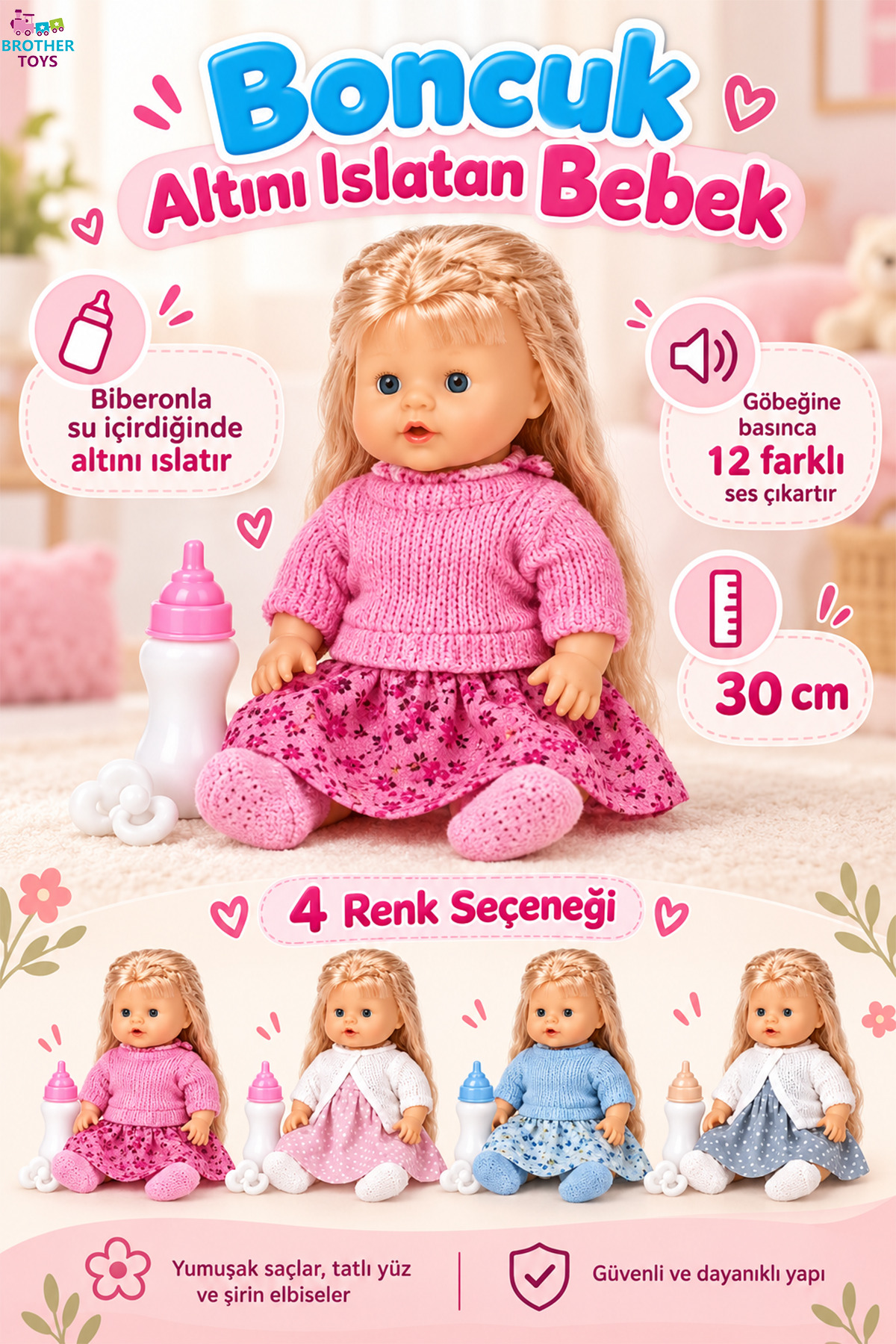 Brother Toys Altını Islatan Bebek Konuşabilen Oyuncak İthal Yüksek Kaliteli Boncuk Bebek 30 Cm.