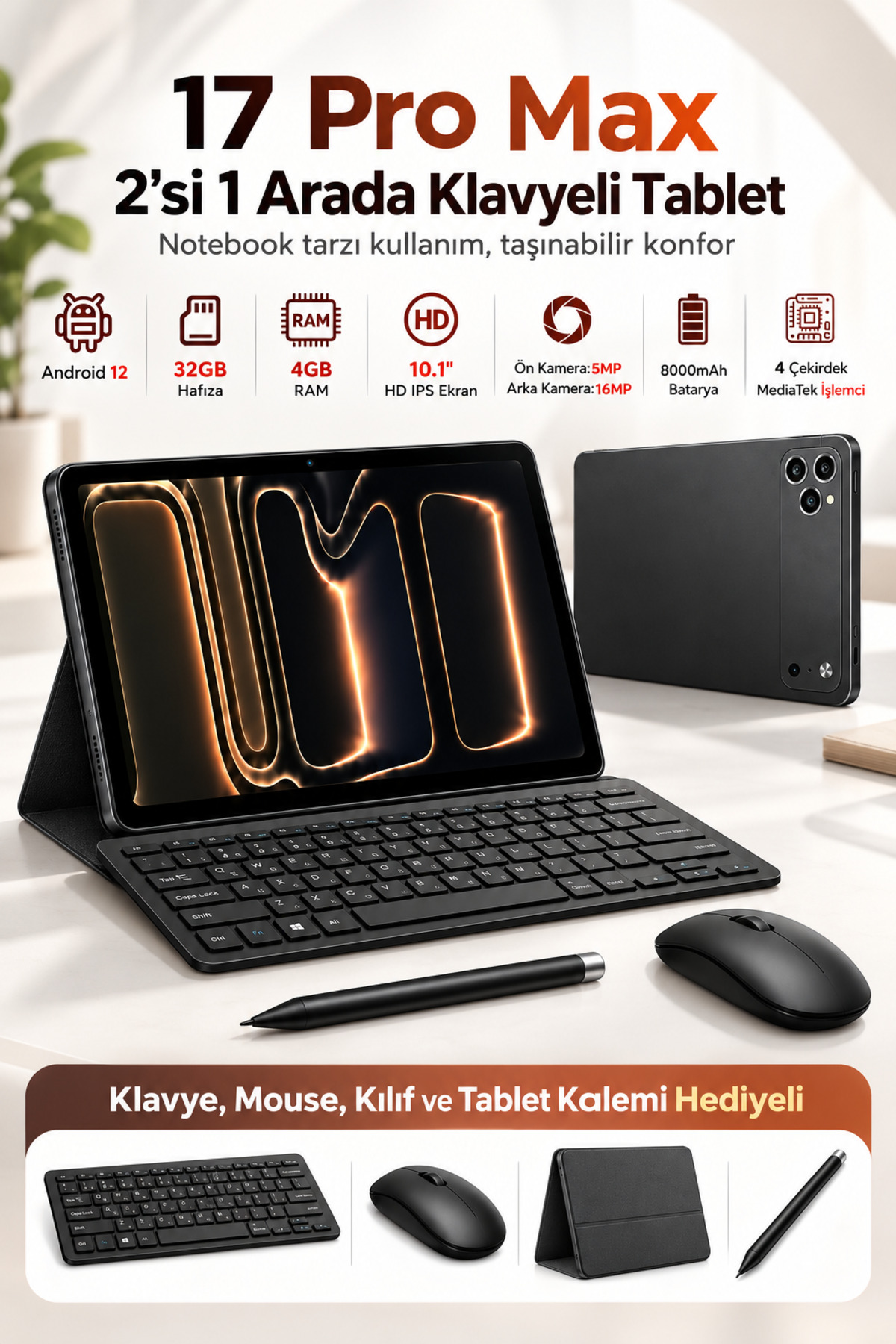 euro special 17 Pro Max 2'si 1 Arada Klavyeli Notebook 10.1 İnç 4GB RAM 32GB Android 12 SIM Kartlı Mouse Kalem Seti Siyah
