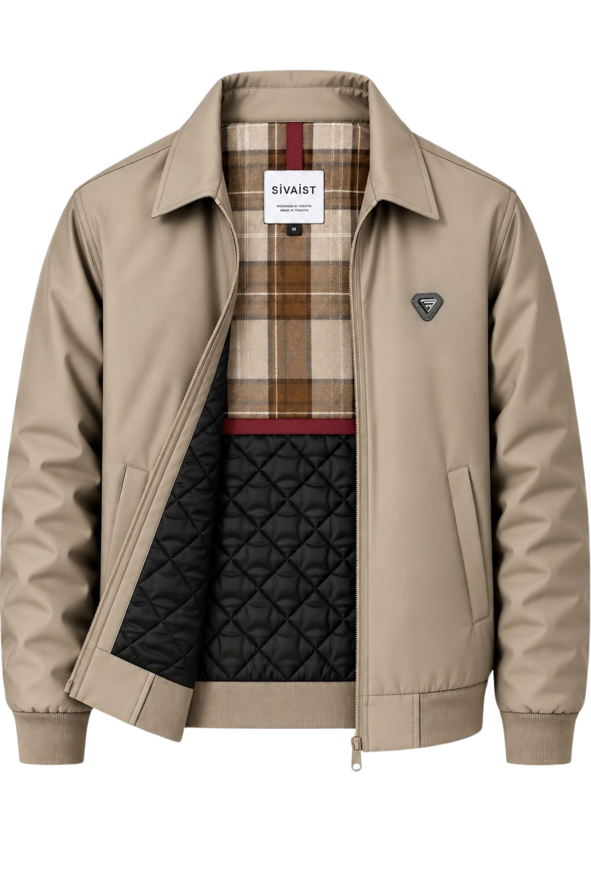 Erkek Koyu Krem Harrington Ceket – Üçgen Armalı, Ekose Astarlı, Ribanalı, Fermuarlı Premium Mont - Koyu Krem