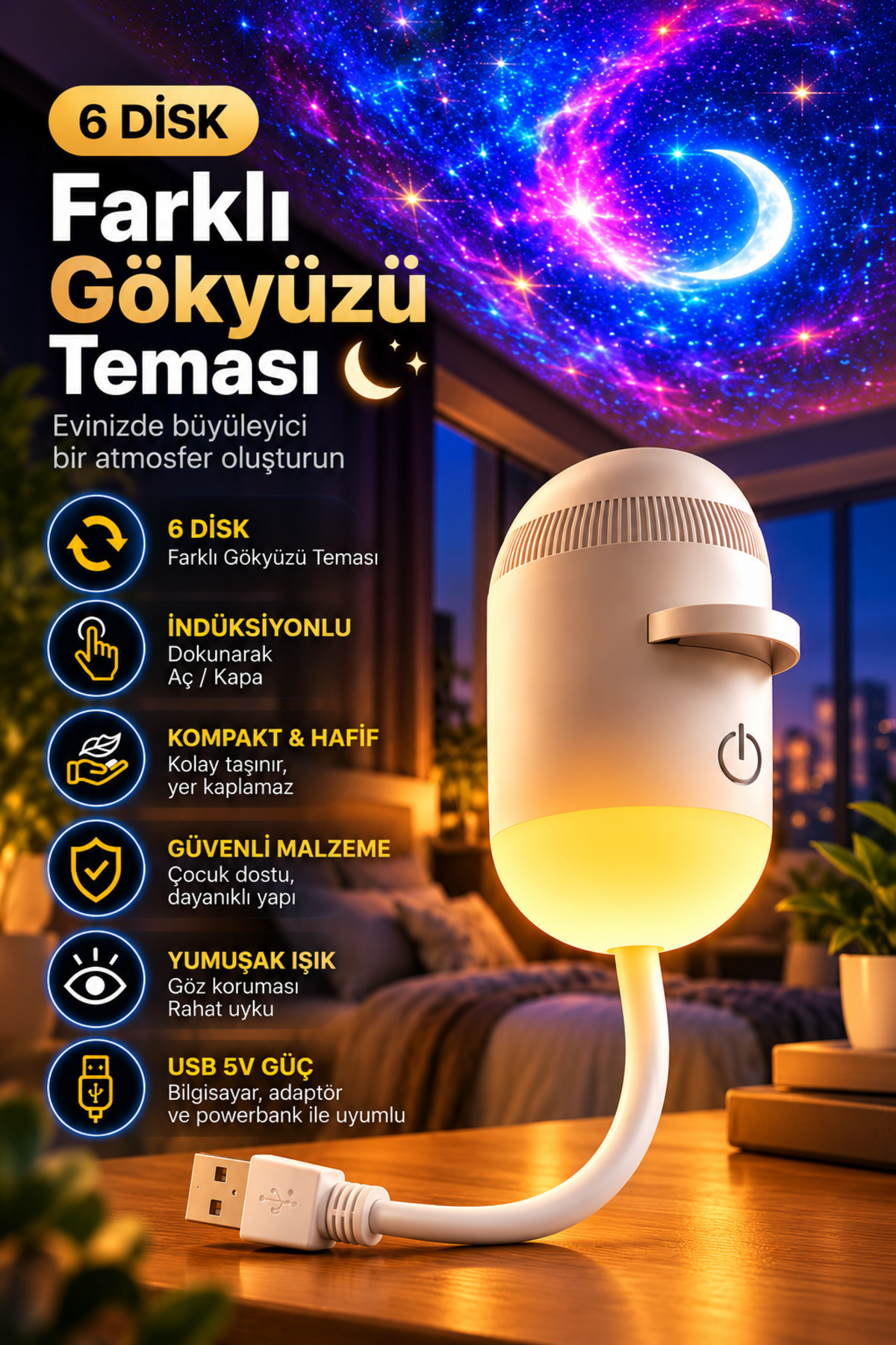 Happy Owl 6 Diskli Gökyüzü Projektör Gece Lambası – Galaksi ve Yıldız Projeksiyonlu, Dokunmatik, USB 5V, Çocuk Odası Uyku Lambası