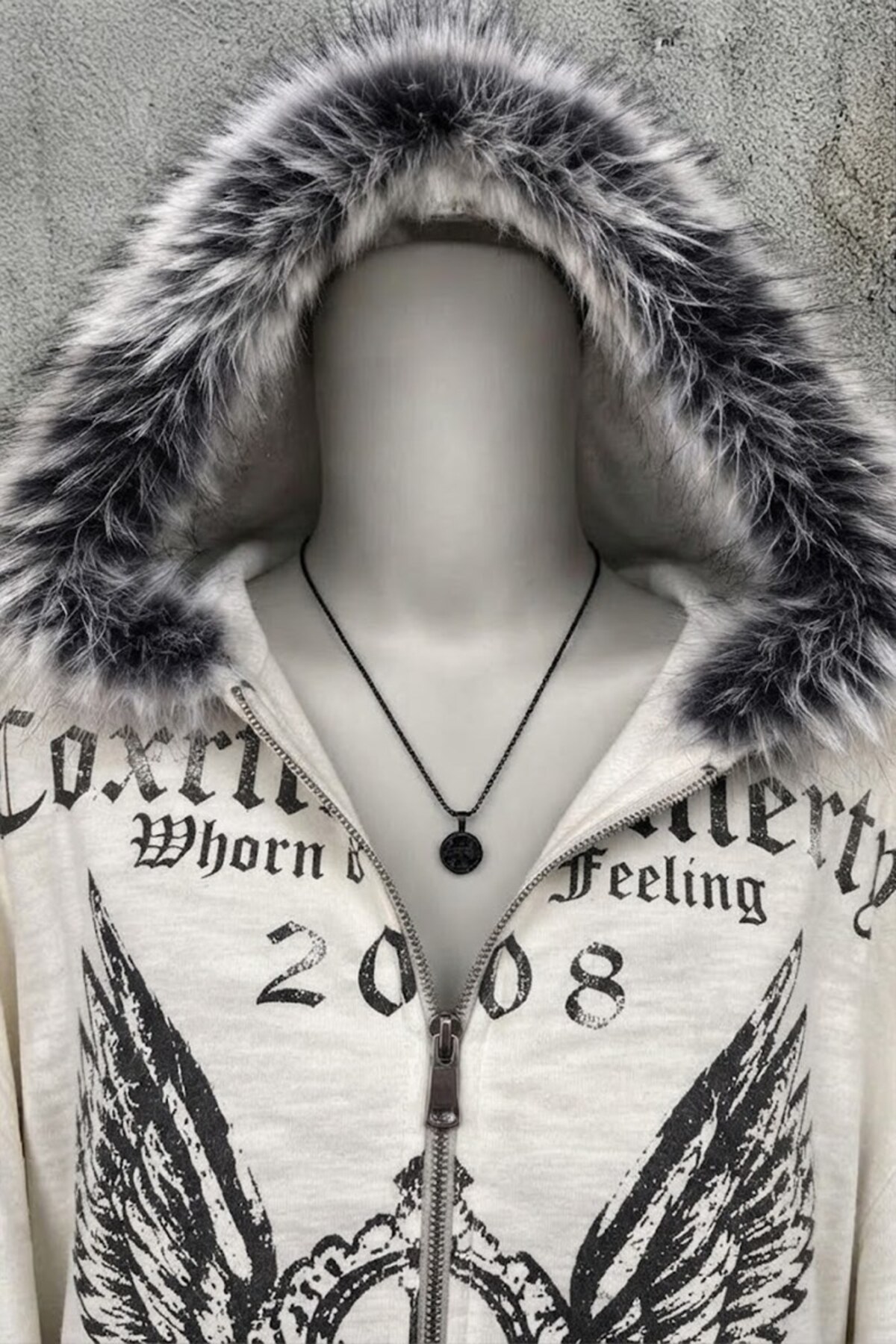 Gri Melanj Crown Wings Gotik Kürklü Kapüşonlu Y2K Crop Hırka — سفید EK723K — تصویر 2 از 2