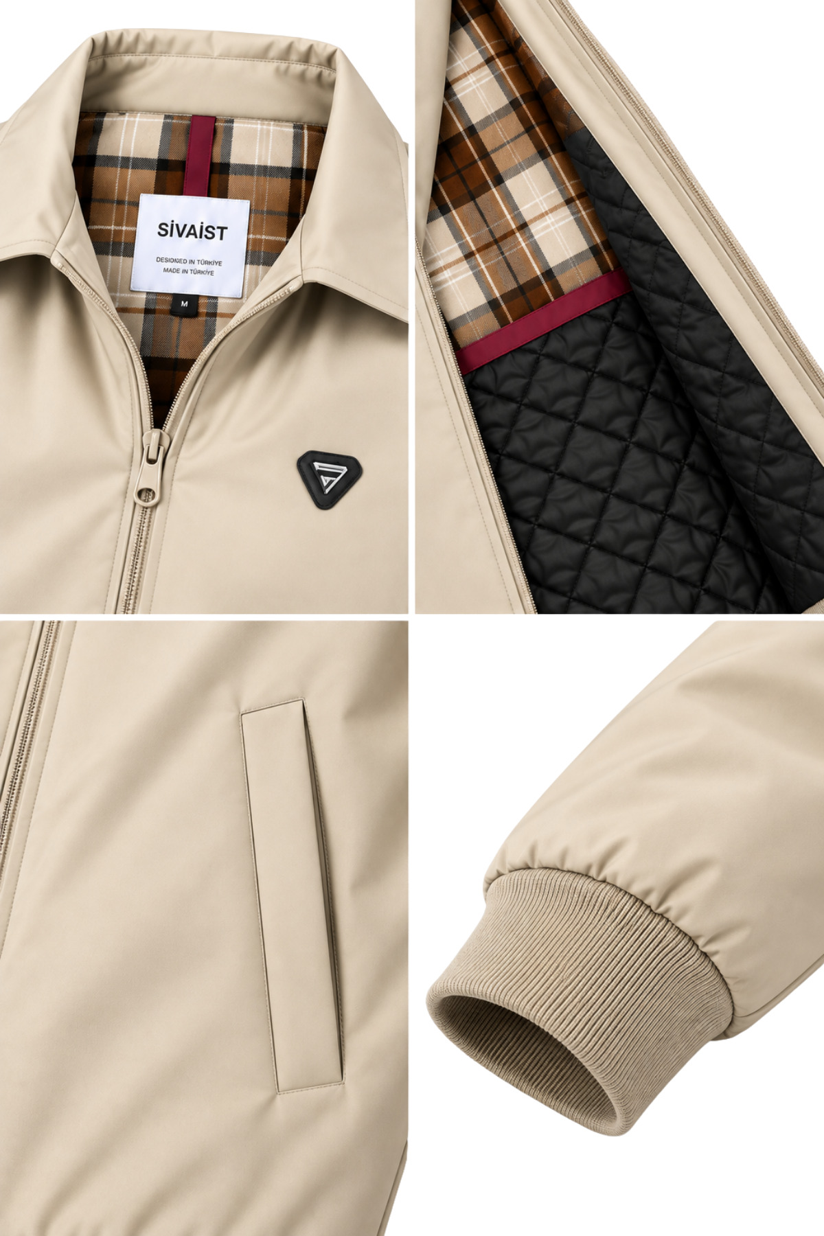 Erkek Koyu Krem Harrington Ceket – Üçgen Armalı, Ekose Astarlı, Ribanalı, Fermuarlı Premium Mont görsel 5