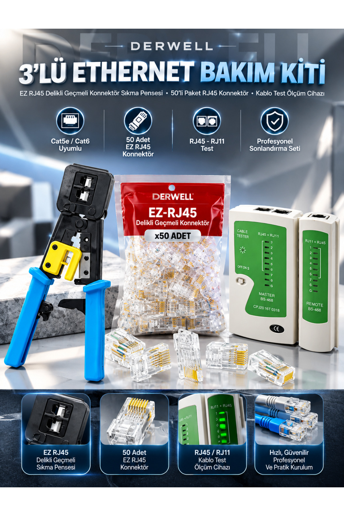3in1 Ethernet Bakım Kit Seti (50 Adet Konnektörlü) - Ağ Kurulum Tamir Takımı Profesyonel EZ RJ45 Delikli Geçmeli Sıkma Pensesi Kablo Test Ölçüm Cihazı Cat5 Cat6 Uyumlu Data İnternet Hat Yenileme Set