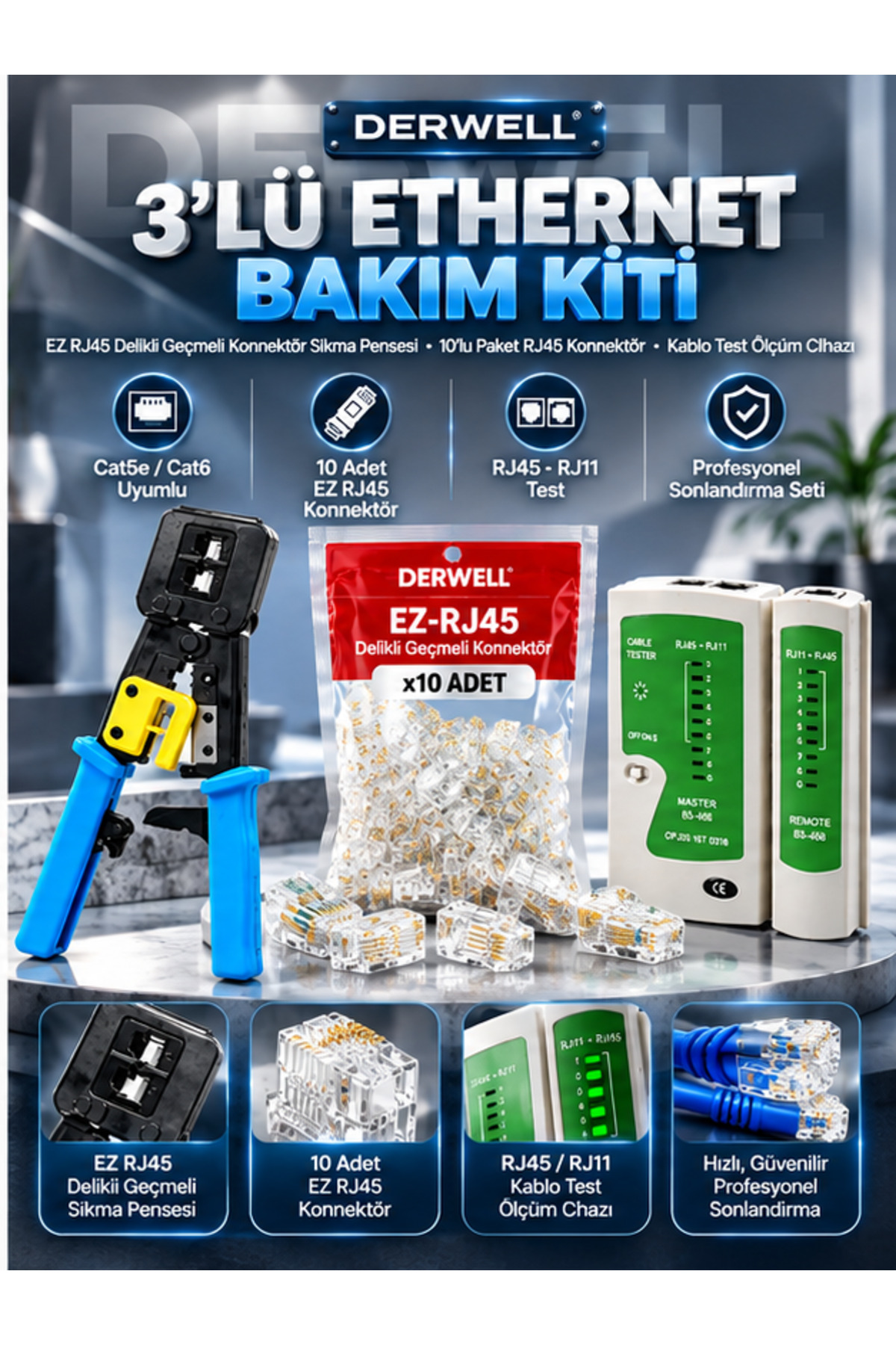 3in1 Ethernet Bakım Kit Seti (10 Adet Konnektörlü) - Ağ Kurulum Tamir Takımı Profesyonel EZ RJ45 Delikli Geçmeli Sıkma Pensesi Kablo Test Ölçüm Cihazı Cat5 Cat6 Uyumlu Data İnternet Hat Yenileme Set