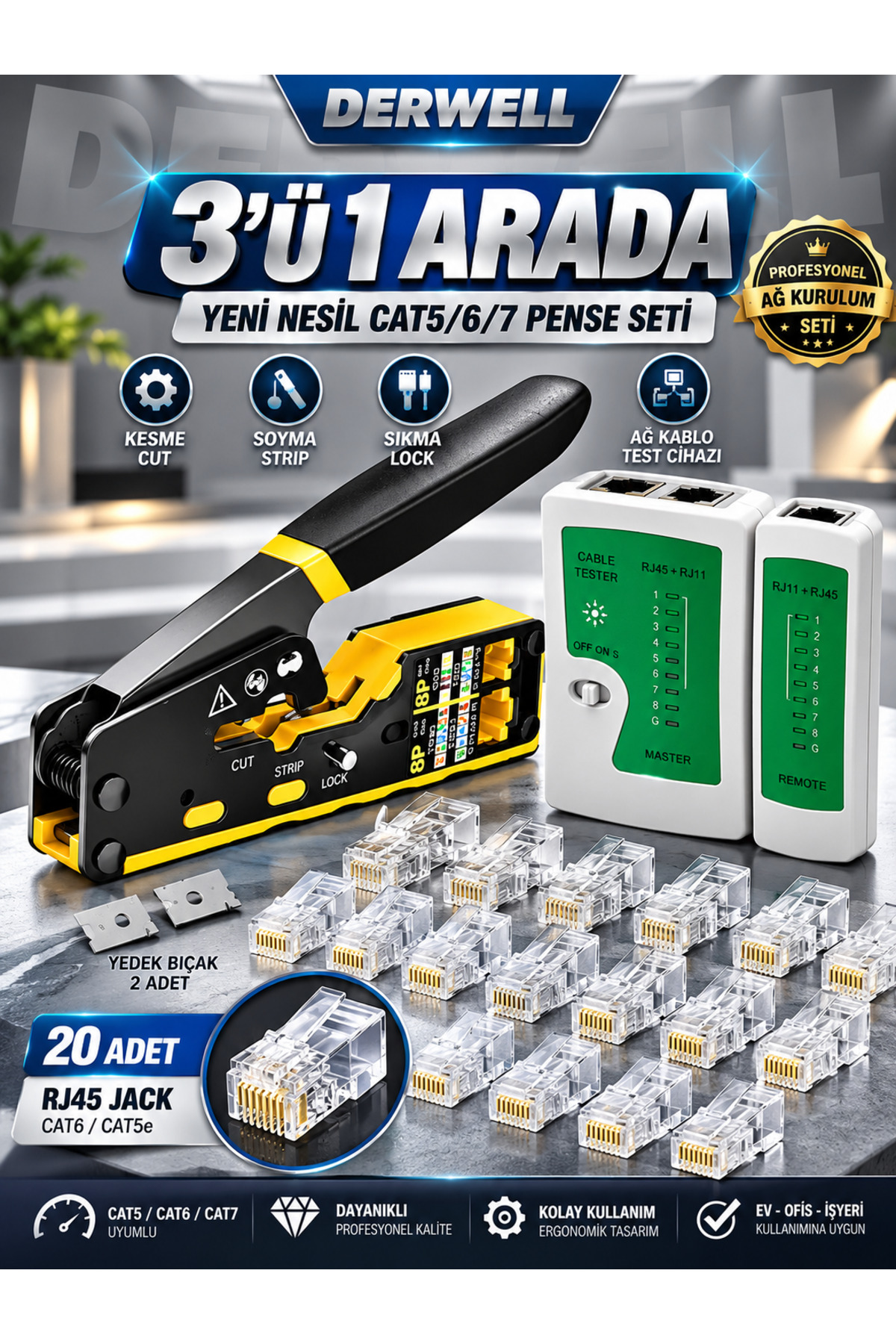 Yeni 2026 3in1 Profesyonel Ağ Kurulum Seti Yeni Nesil Cat5 Cat6 Cat7 Network Ethernet Kablo Pensesi Kesme Soyma Sıkma Kilitleme Fonksiyonlu - Dijital Kablo Test Cihazı Master Remote - 20li RJ45 Jack