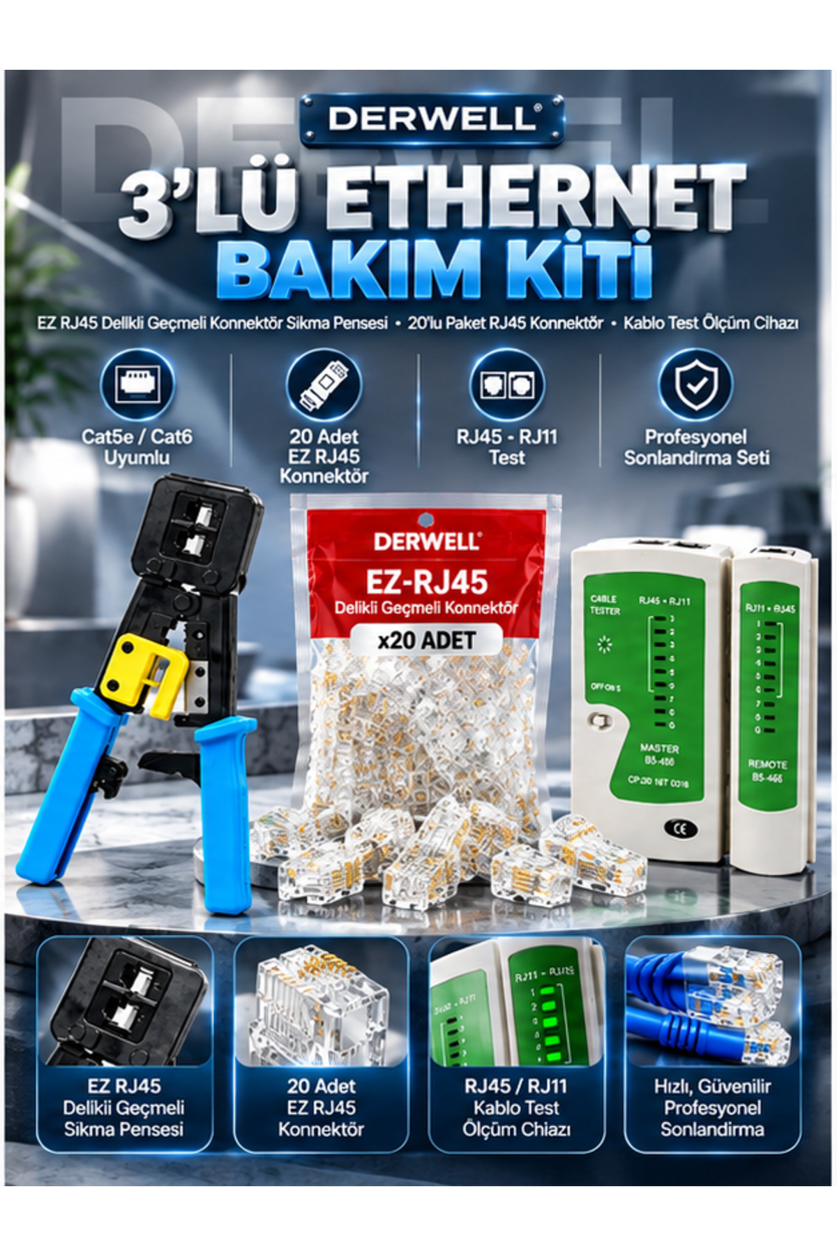 3in1 Ethernet Bakım Kit Seti (20 Adet Konnektörlü) - Ağ Kurulum Tamir Takımı Profesyonel EZ RJ45 Delikli Geçmeli Sıkma Pensesi Kablo Test Ölçüm Cihazı Cat5 Cat6 Uyumlu Data İnternet Hat Yenileme Set
