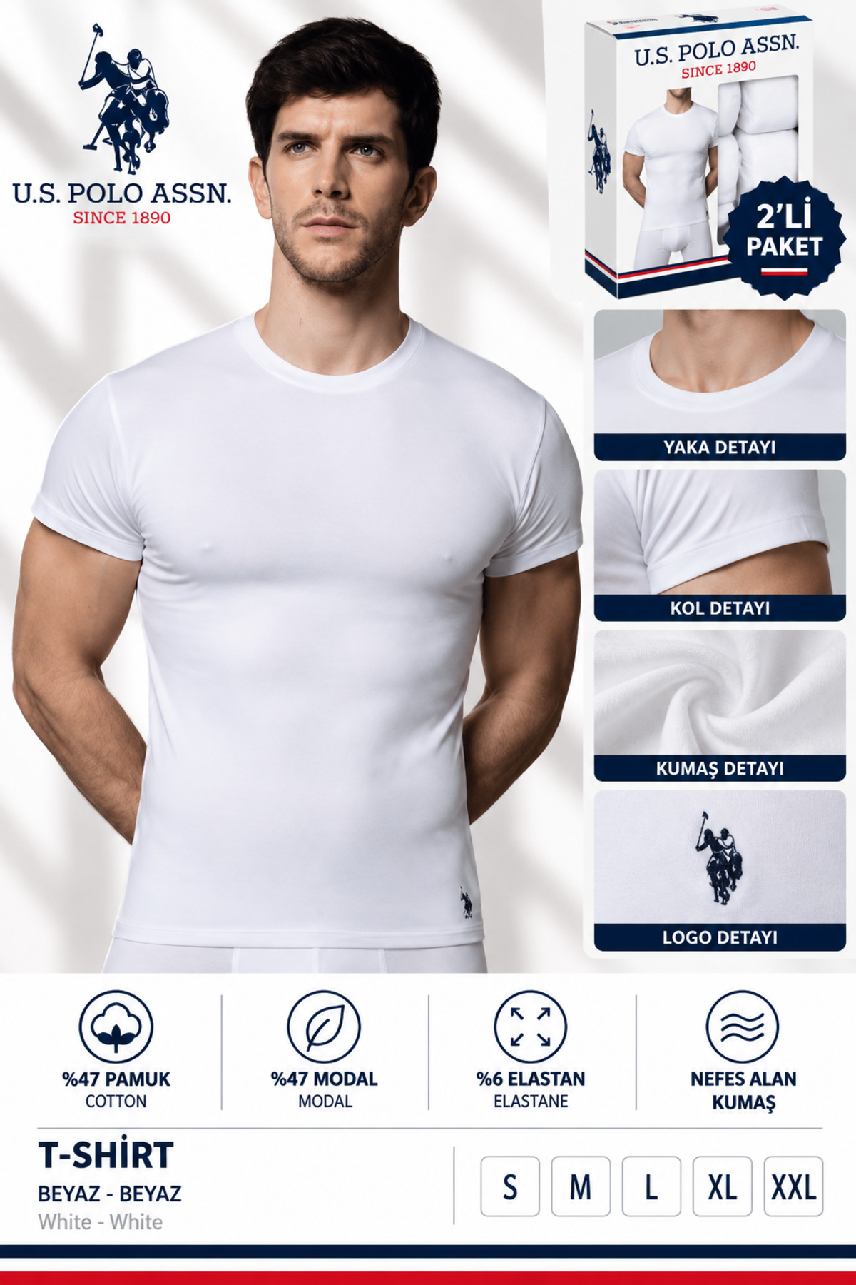 ست ۲ عددی زیرپوش یقهگرد مردانه U.S. Polo Assn. با ۴۷٪ مودال، ۴۷٪ پنبه و ۶٪ الاستین — 1