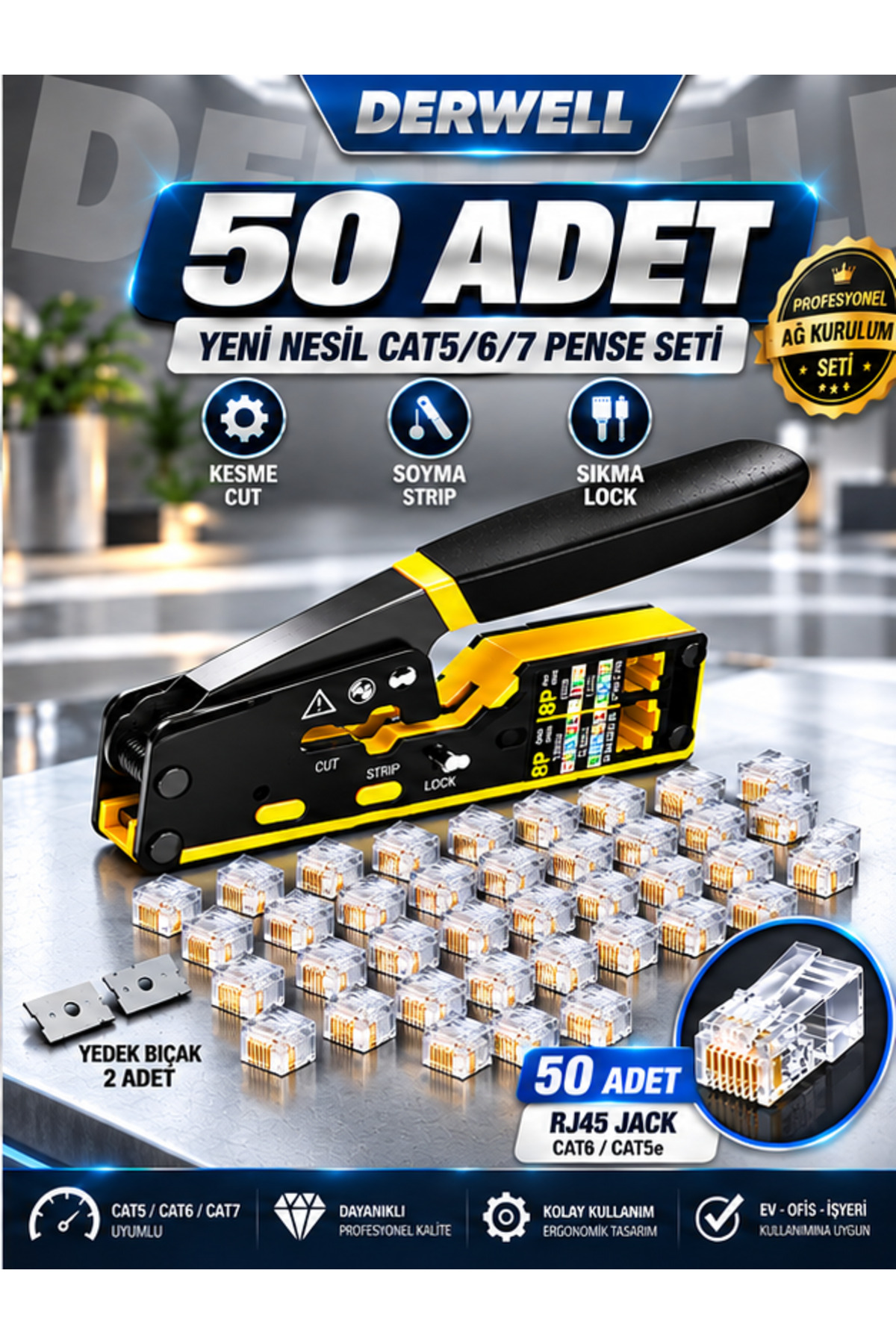 3in1 RJ45 Cat6 Konnektör Seti (50 Adet Paket) - Altın Kaplama Network Ezme Jakı - İnternet ve Ethernet UTP Kablo Başlığı - Yüksek Hızlı Veri İletimi Uyumlu - Profesyonel Ağ Kurulumu Modeli Jak Seti