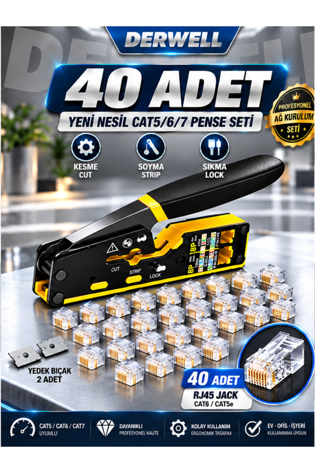 3in1 RJ45 Cat6 Konnektör Seti (40 Adet Paket) - Altın Kaplama Network Ezme Jakı - İnternet ve Ethernet UTP Kablo Başlığı - Yüksek Hızlı Veri İletimi Uyumlu - Profesyonel Ağ Kurulumu Modeli Jak Seti