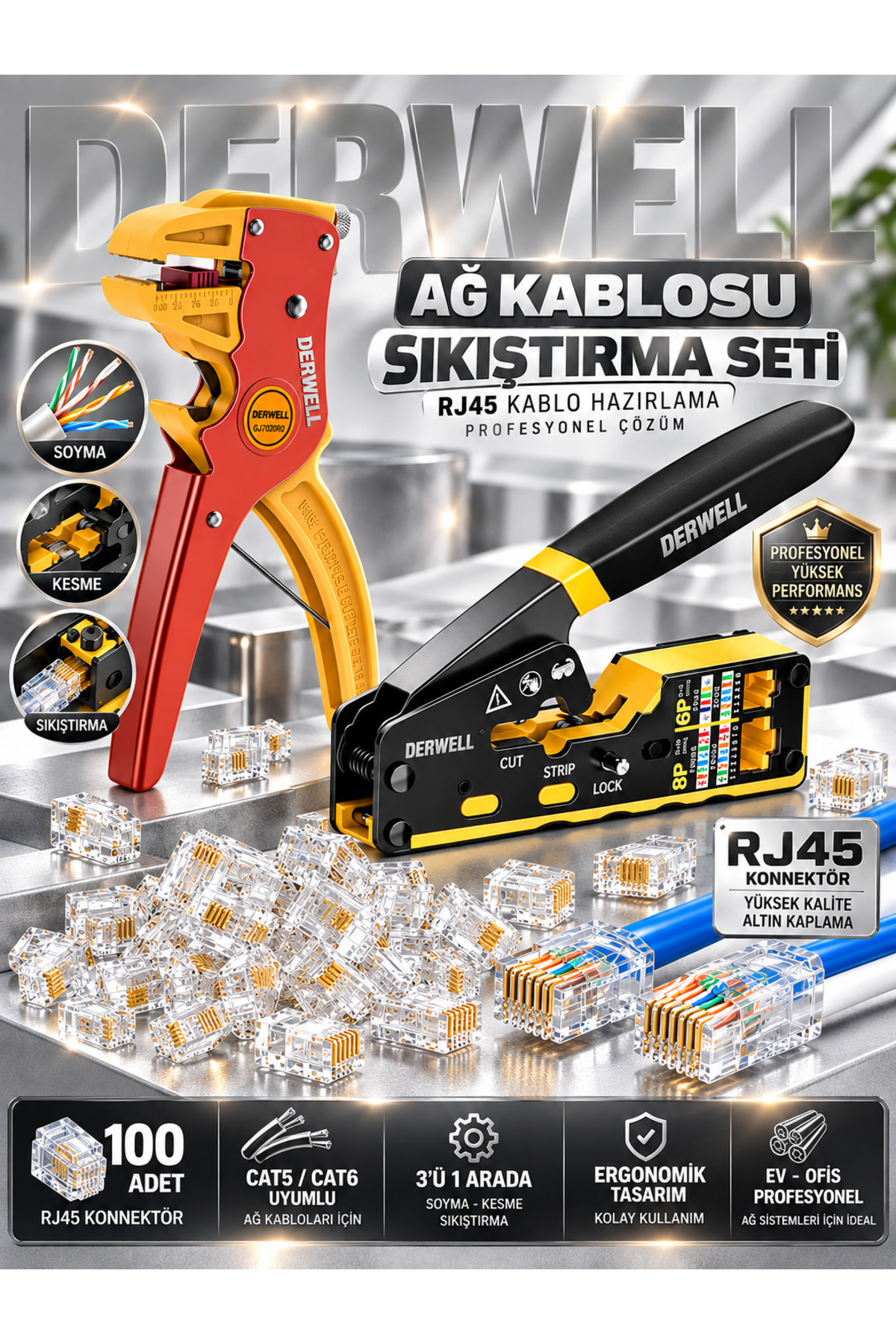 Yeni 2026 Profesyonel Ağ Kablosu Sıkıştırma Seti CAT5 CAT6 Uyumlu Kablo Soyucu Ve Kesme Pensesi 100 Adet RJ45 Konnektör Jak Altın Kaplama Ev Ofis İnternet Altyapı Kurulum Tamir Seti