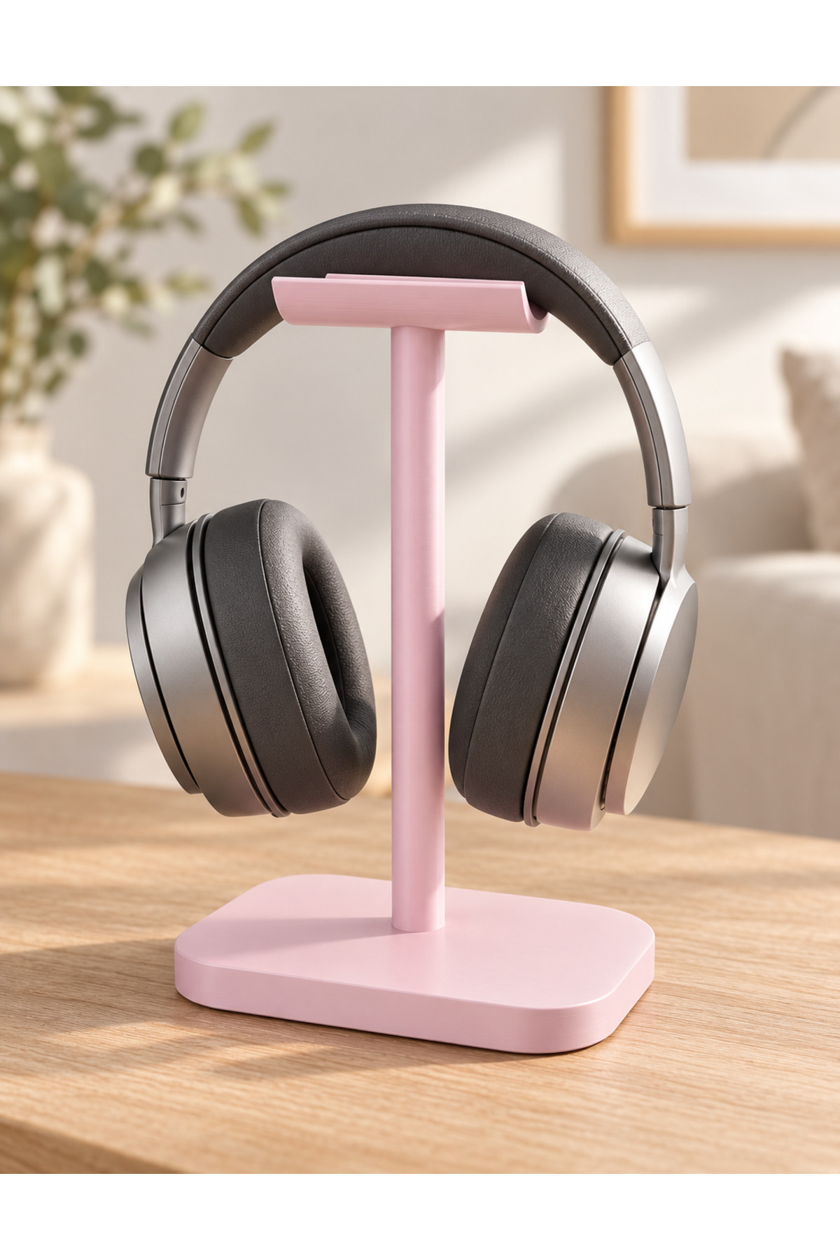 Luvia Minimalist Kulaklık Standı - Pastel Pembe, siyah kulaklık takılı halde masa üzerinde kullanım görünümü.