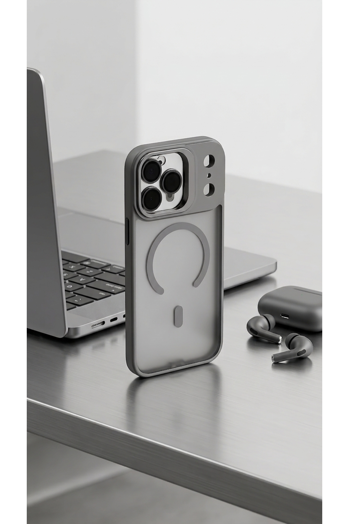 iPhone 18 Pro Uyumlu Kılıf Mat Magsafe Kamera Lens Korumalı Metal Kamera Standlı Transparan Silikon Arka Kapak