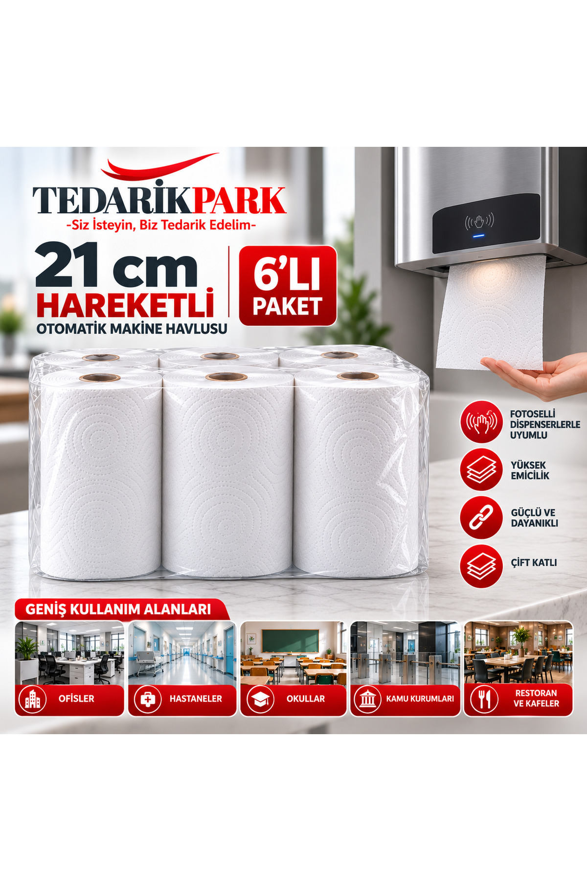 TEDARİKPARK Fotoselli Hareketli Kağıt Havlu 21 Cm 6 Rulo 1.Kalite Kağıt