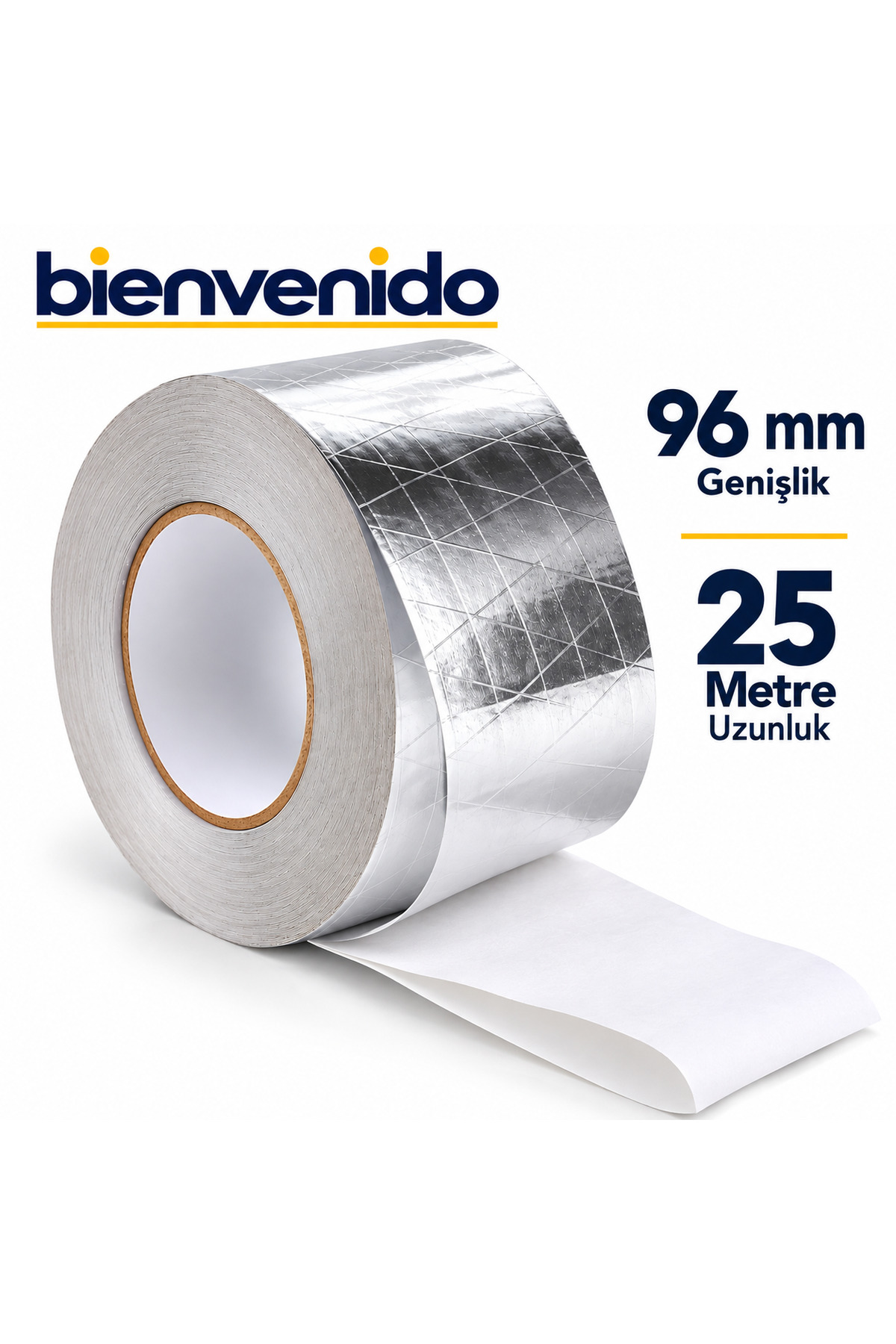 Yapışkanlı Fiberglas Lif Takviyeli Alüminyum Folyo Bant 96 mm x 25 Metre Yanmaz Yalıtım Bandı AFB-96X25M-1, one size