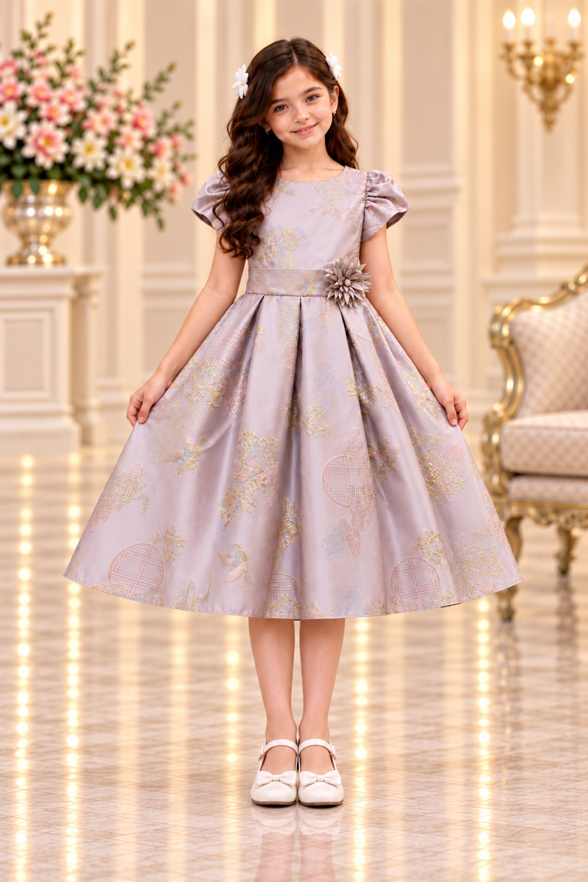 Girl's Light Moof Dress with Gold and Flower Patterns on the Waist for Occasions