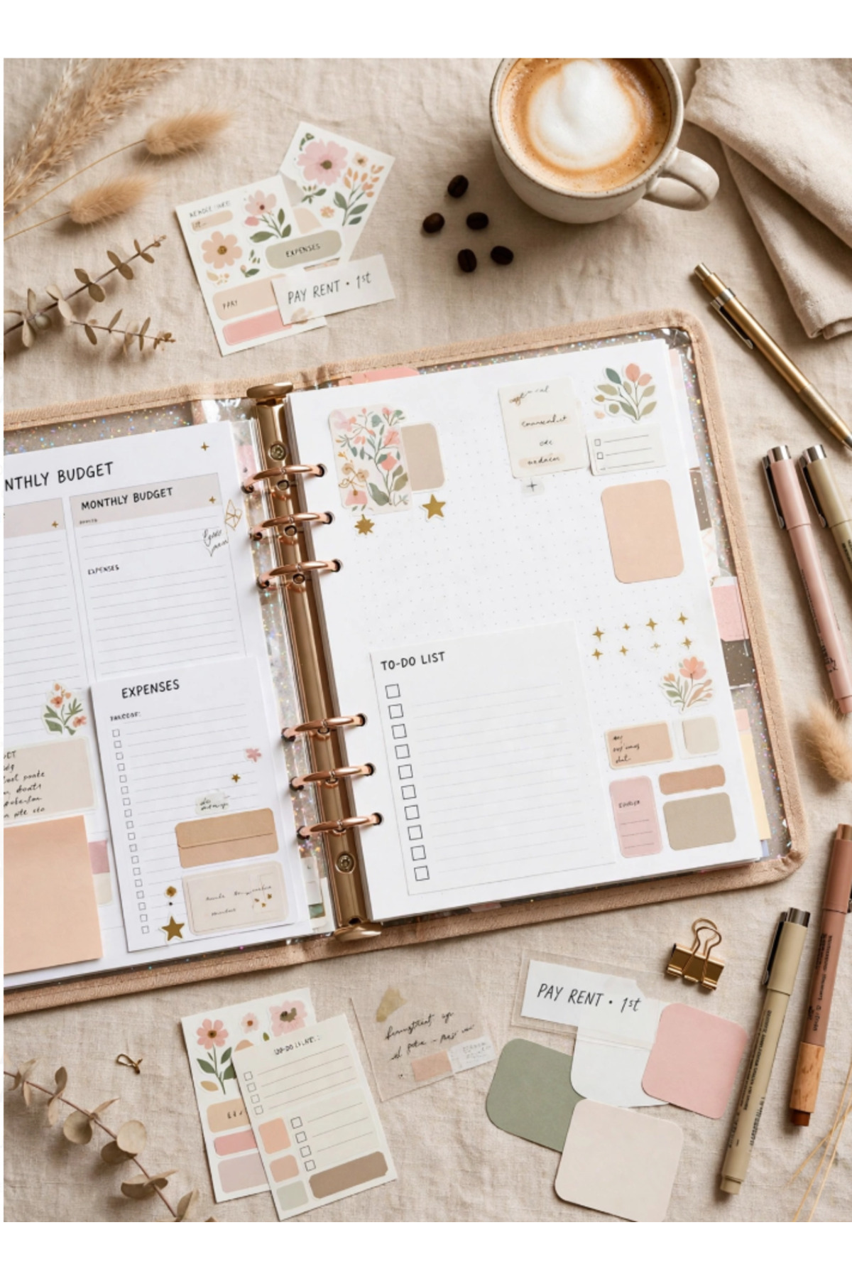 zerzembe A5 6 Delikli Klasör, Şeffaf Simli Ajanda Kılıfı A5 - 6 Halkalı Rose Gold - Fermuarlı Binder Cover - Boş Ajanda Defter Kılıfı - Bej
