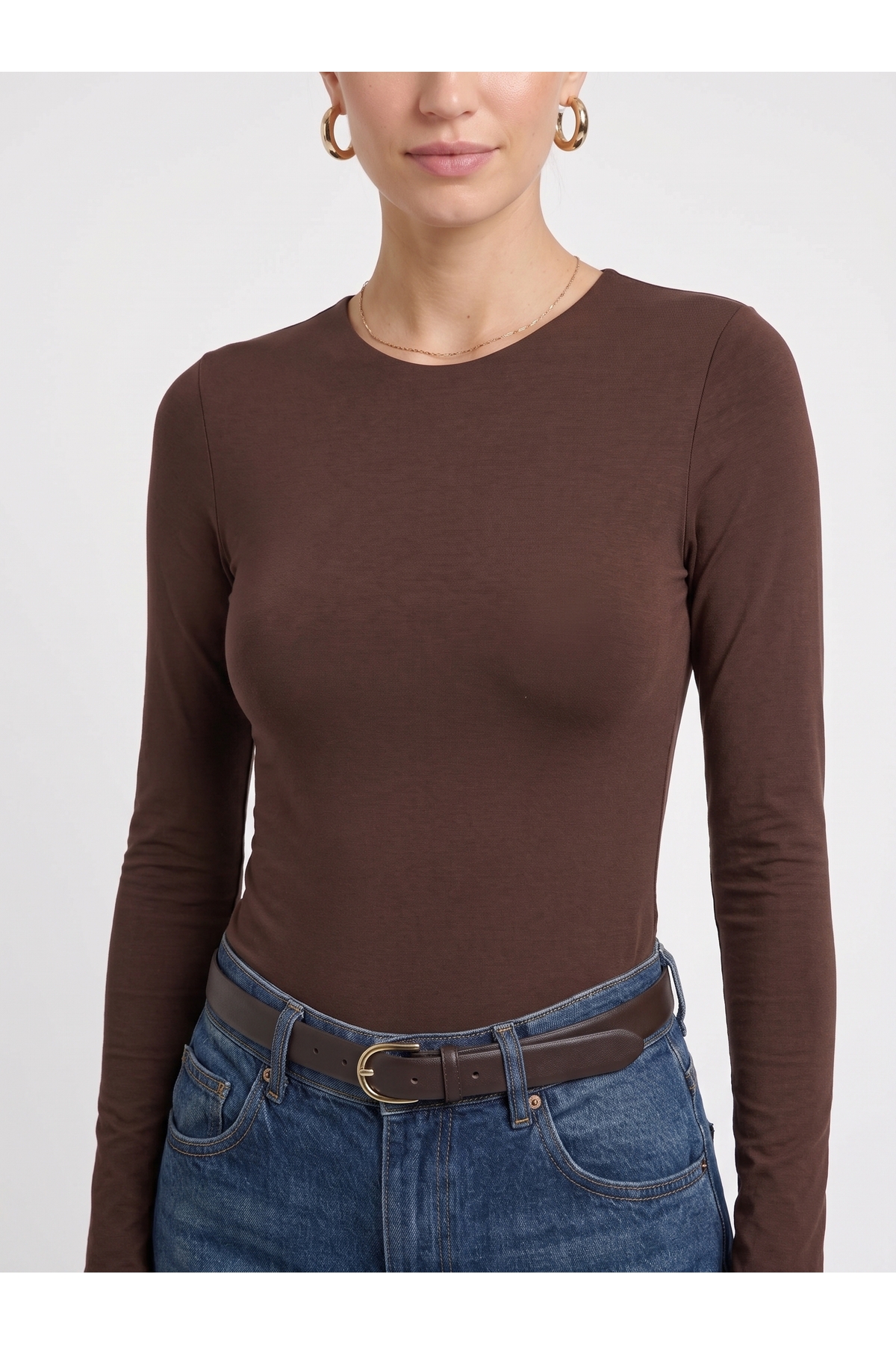 Kadın Uzun Kollu Bisiklet Yaka Slim Fit Esnek Body - Kahverengi 2