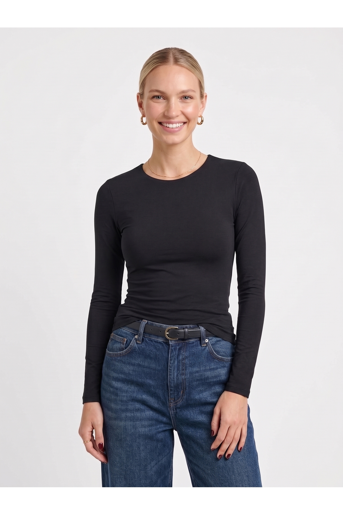 Kadın Uzun Kollu Bisiklet Yaka Slim Fit Esnek Body - Siyah 3