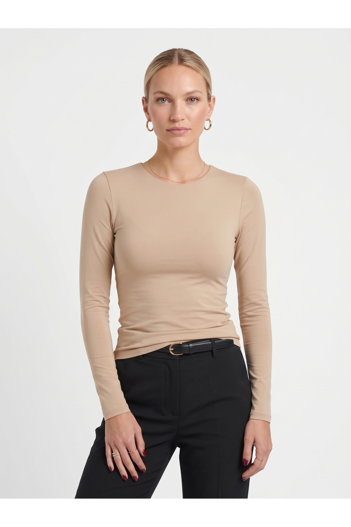 Kadın Uzun Kollu Bisiklet Yaka Slim Fit Esnek Body - Bej 3