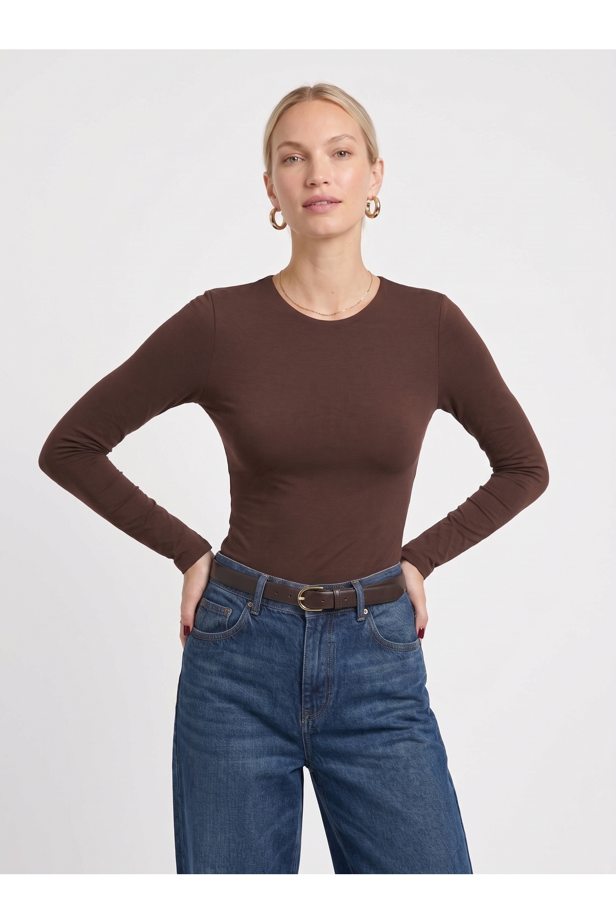 Kadın Uzun Kollu Bisiklet Yaka Slim Fit Esnek Body - Kahverengi