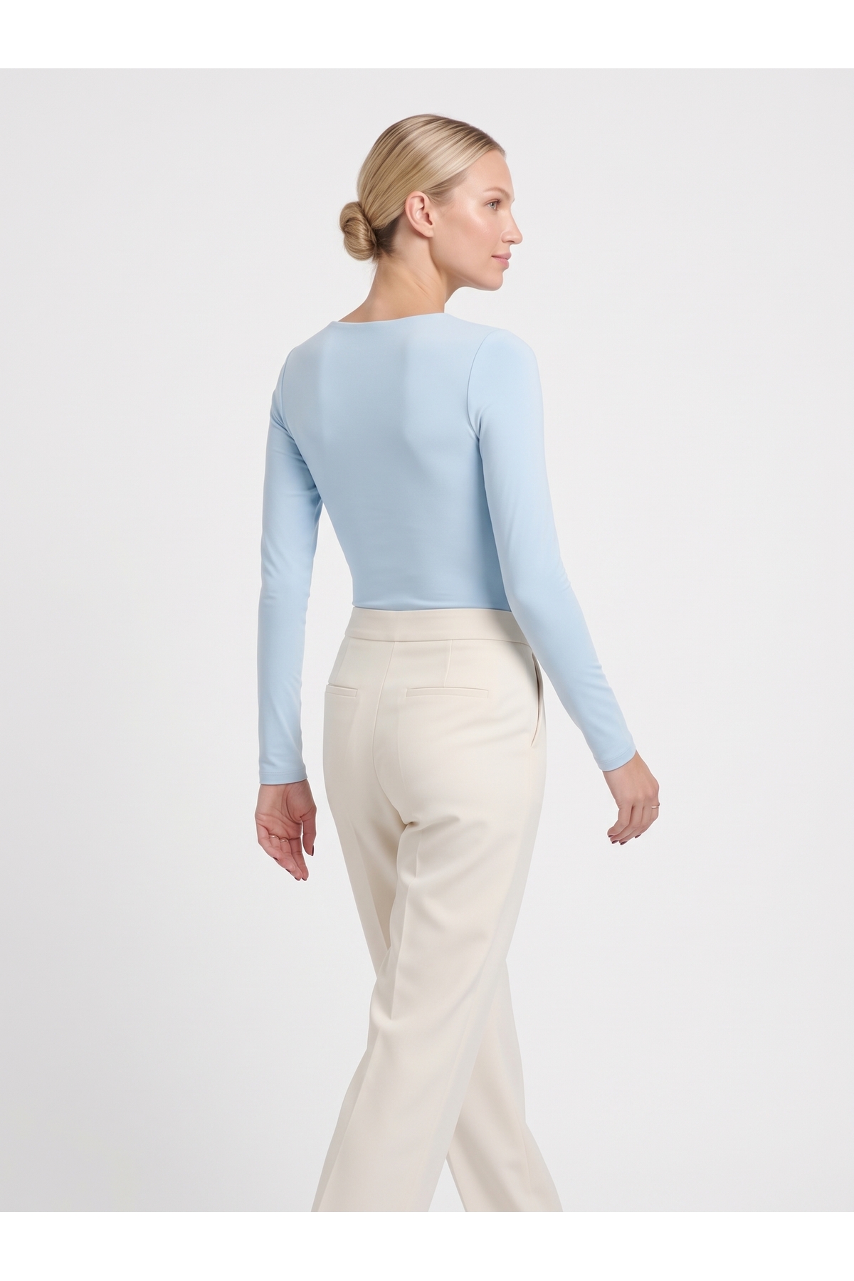 Kadın Uzun Kollu Kare Yaka Slim Fit Esnek Body - Mavi 4