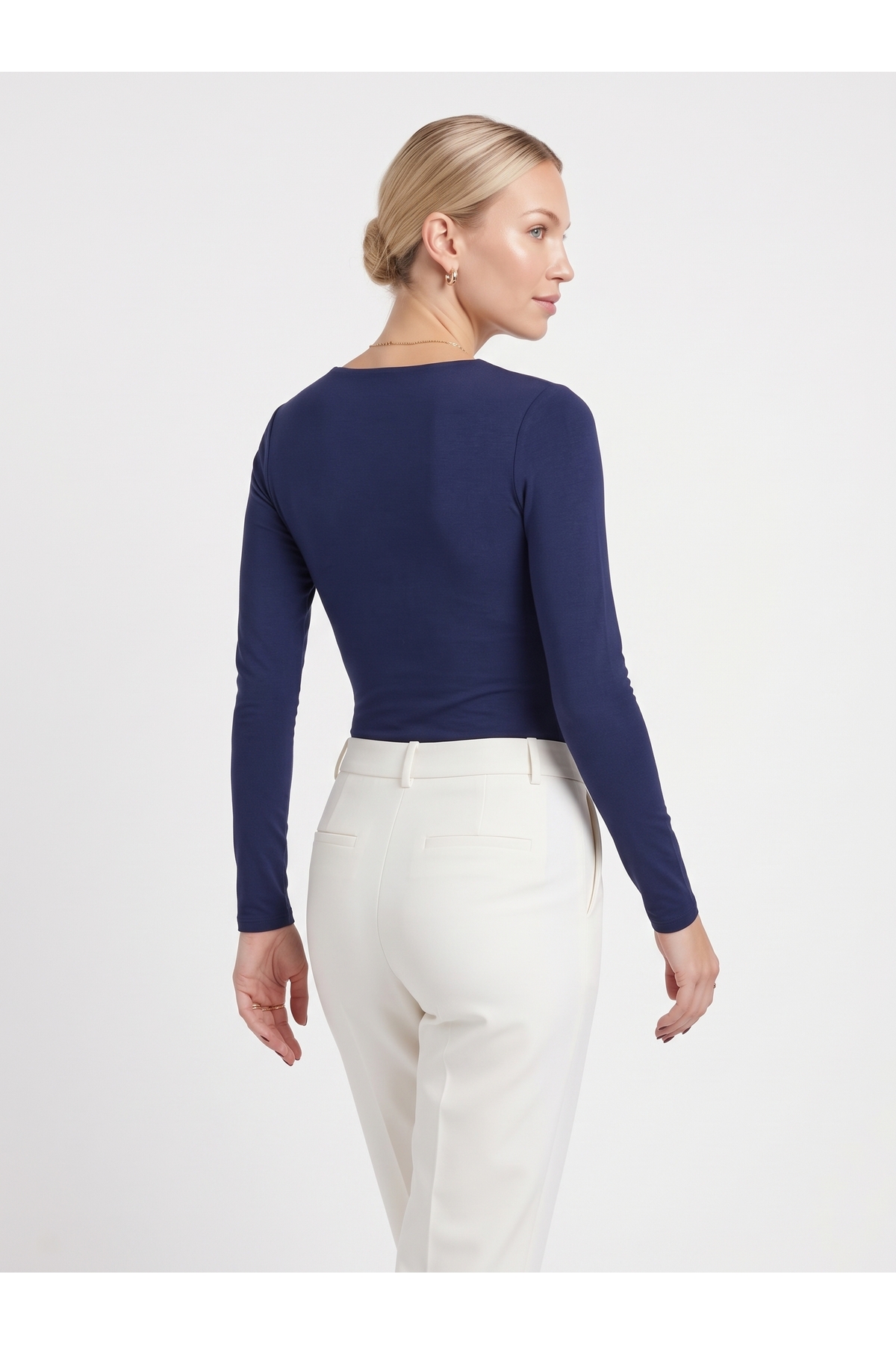 Kadın Uzun Kollu Kare Yaka Slim Fit Esnek Body - Lacivert 4