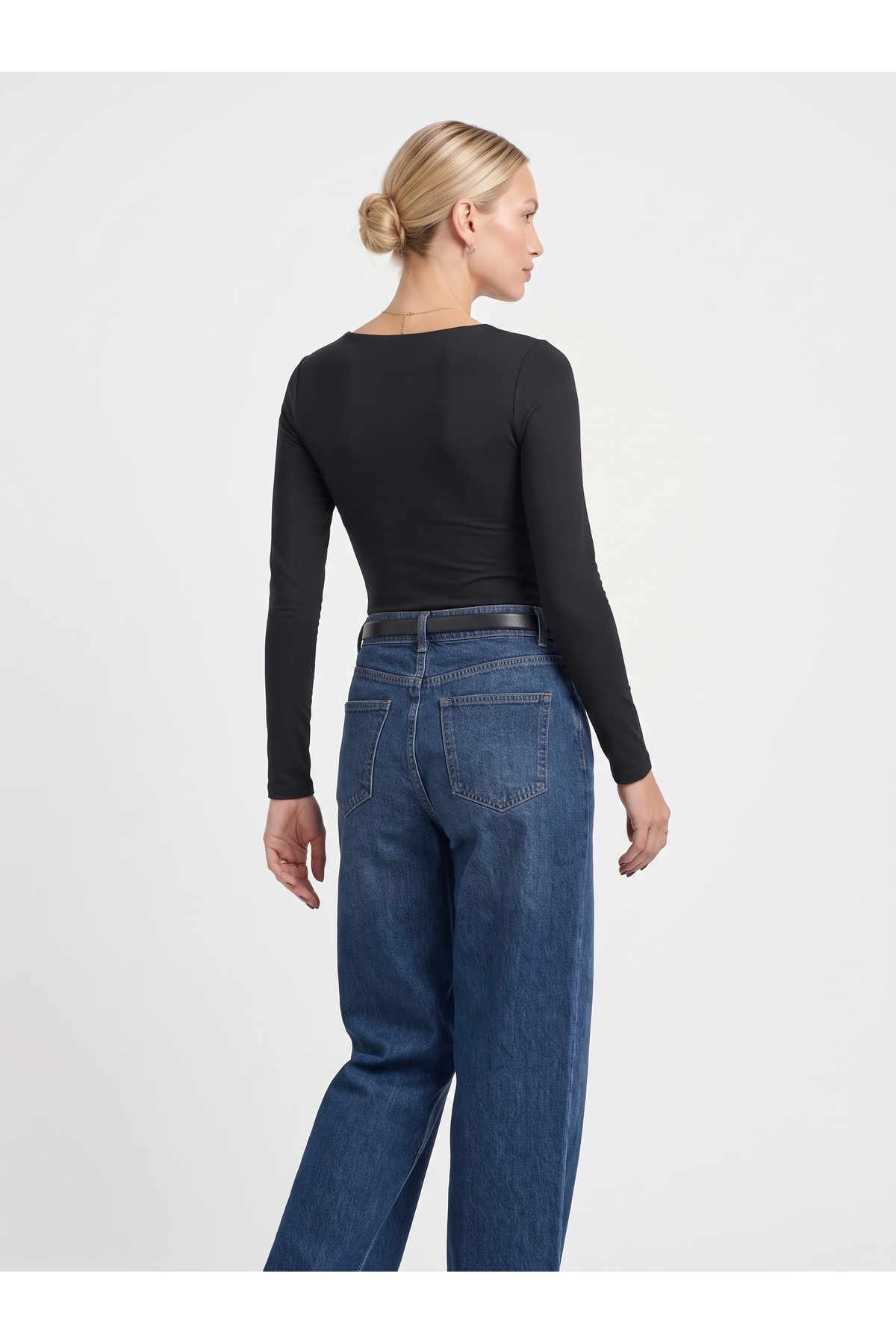 Kadın Uzun Kollu Kare Yaka Slim Fit Esnek Body - Siyah 4