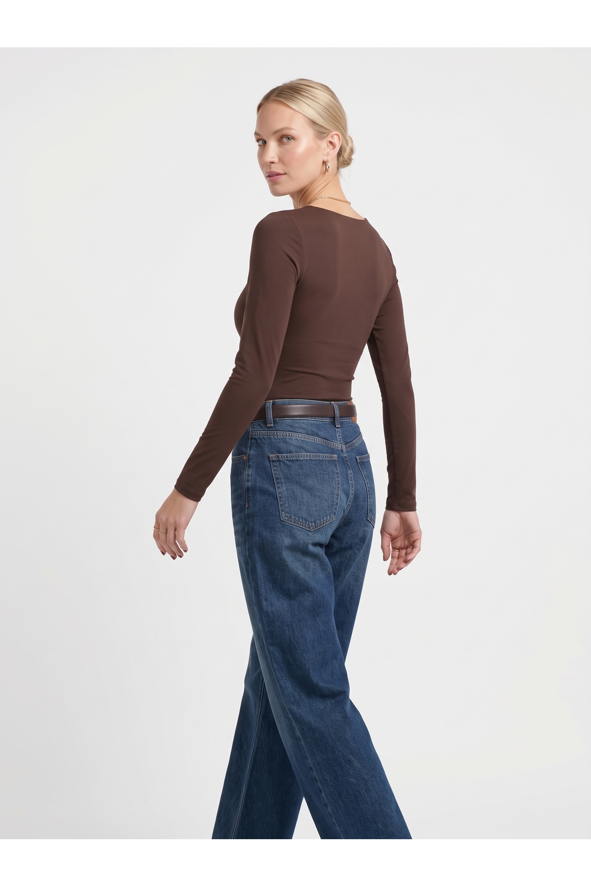 Kadın Uzun Kollu Kare Yaka Slim Fit Esnek Body - Kahverengi 4