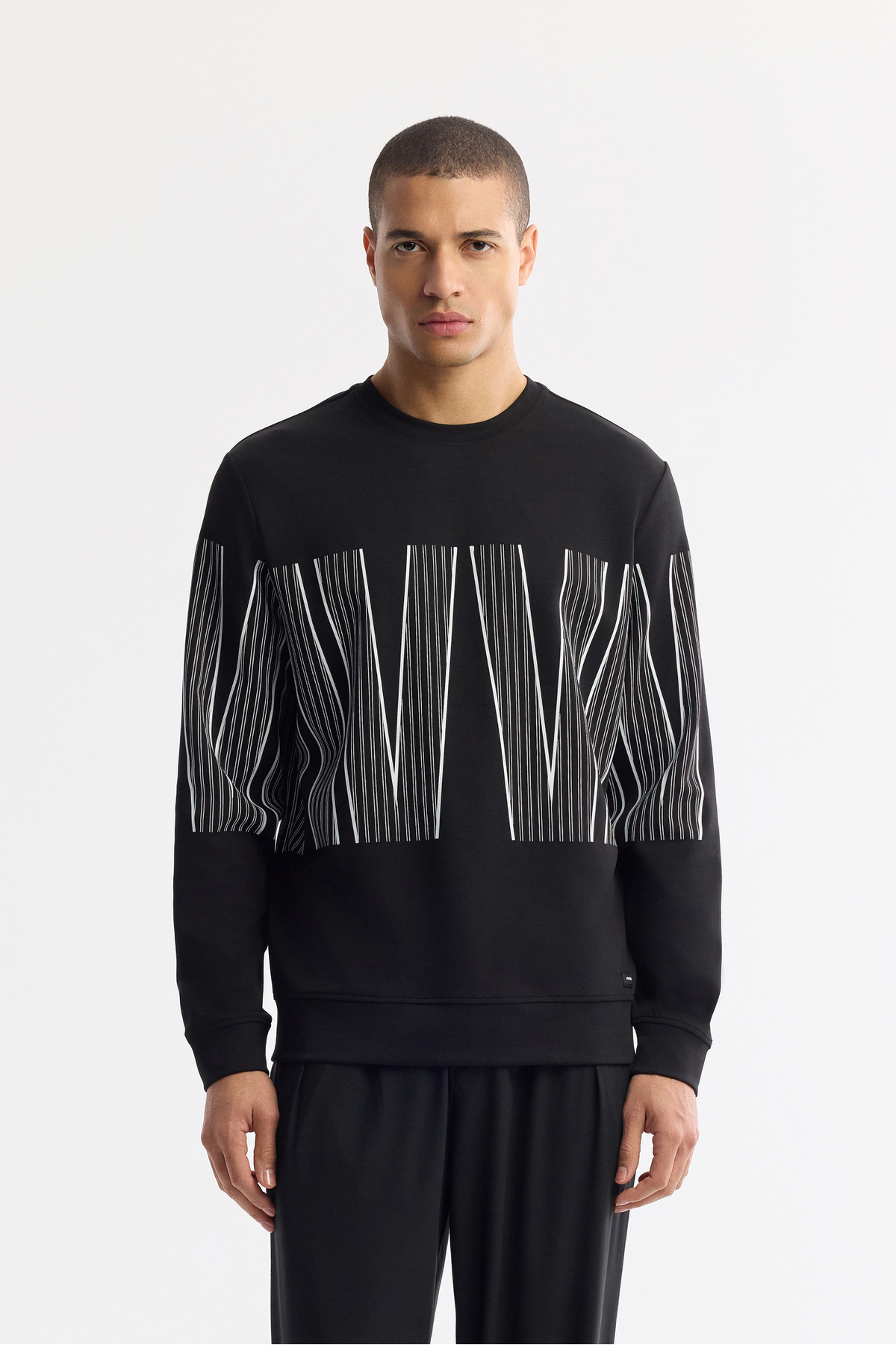 Avva Erkek Siyah Bisiklet Yaka Baskılı Bi-Stretch İnterlok Regular Fit Sweatshirt A51Y1227