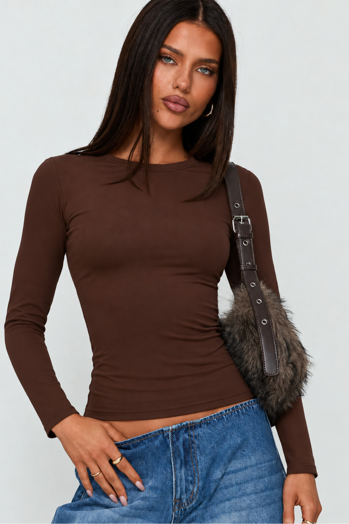 World Fashion Trends Bisiklet Yaka Basic Uzun Kollu KAHVE Body