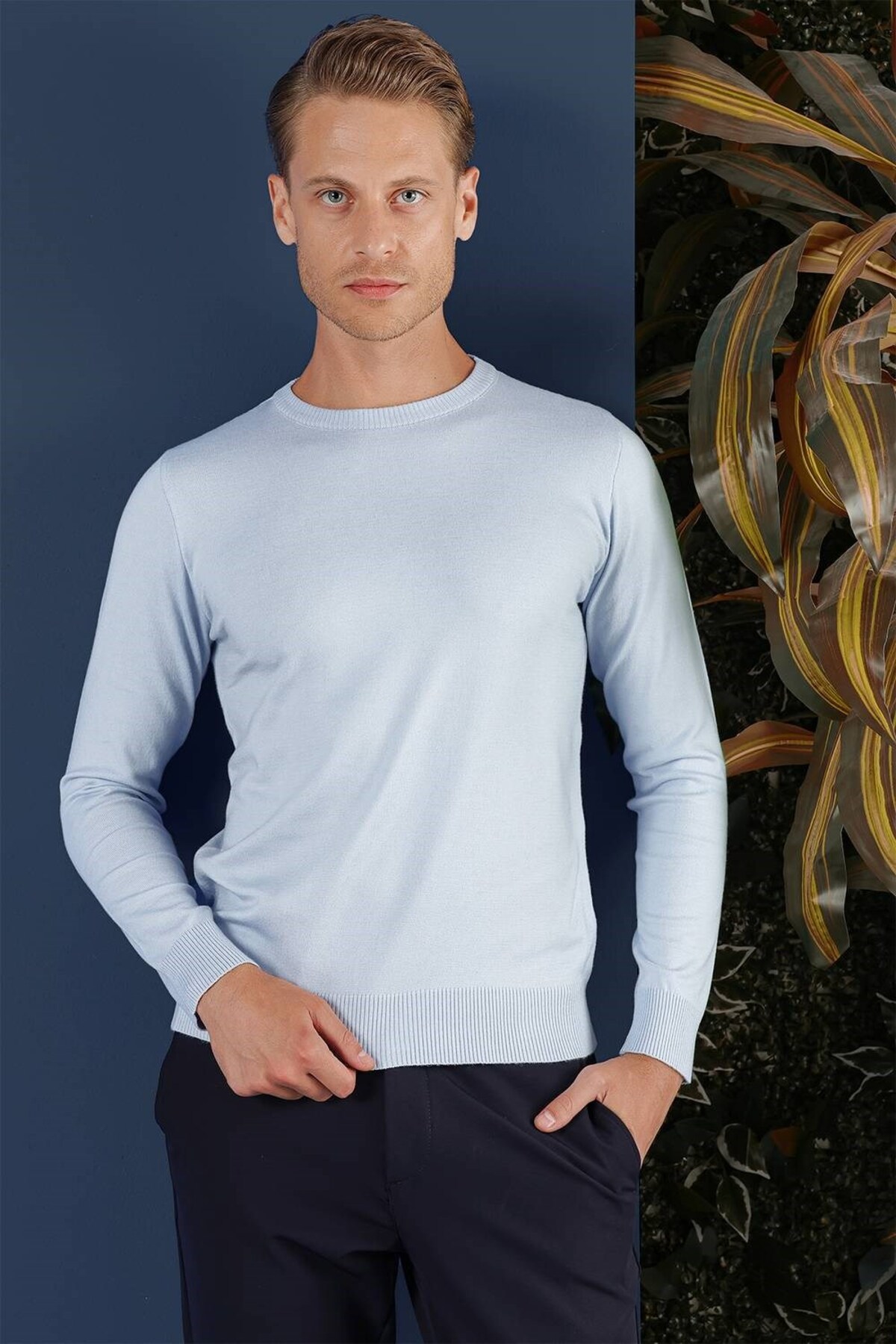 Slim Fit Ribanalı Düz Mavi Yünlü Bisiklet Yaka Triko Kazak TR 858 — آبی TR858K0723 — تصویر 5 از 8