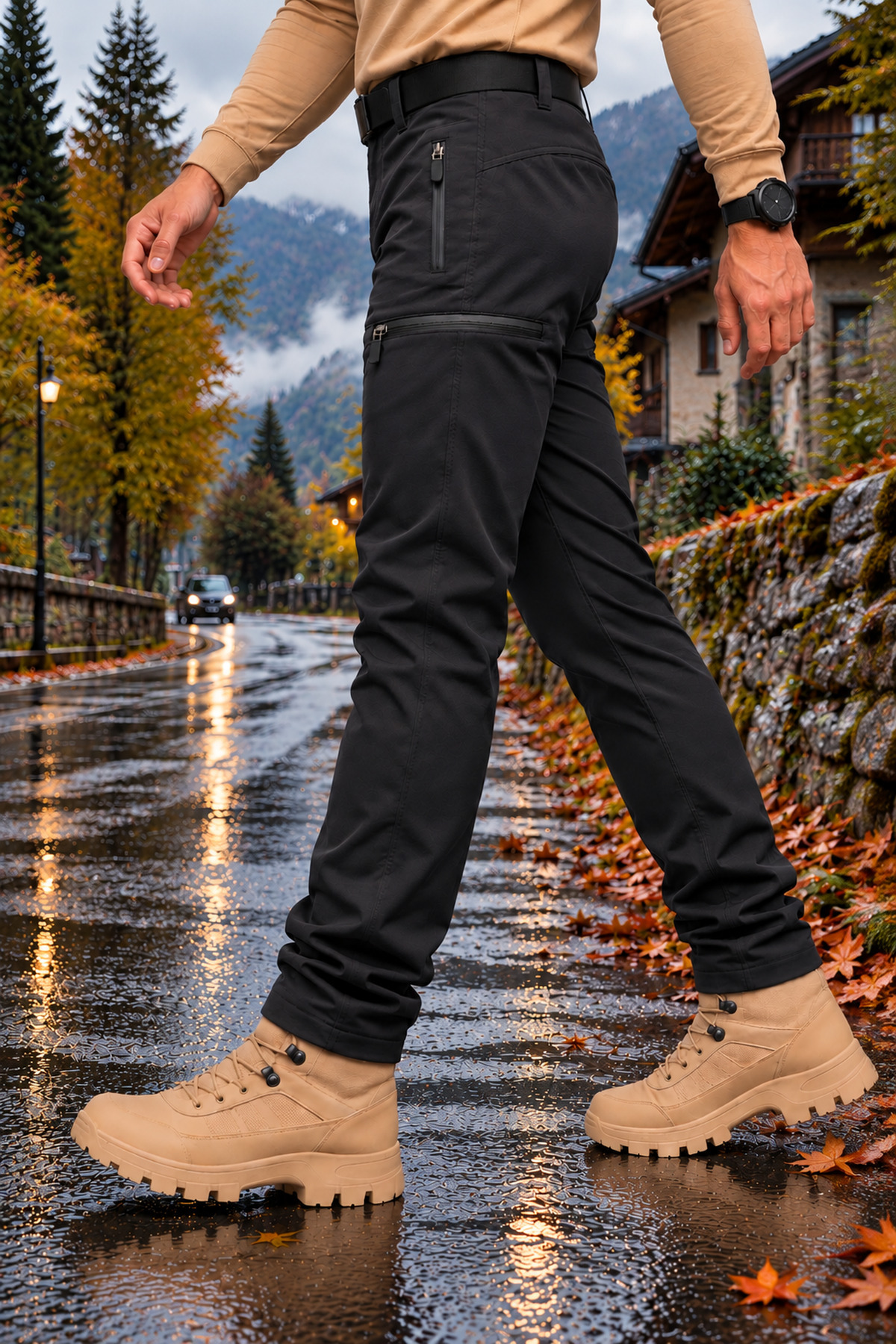 شلوار مردانه Softshell Cargo، آستر پشمی، ضد آب و باد، شلوار ضخیم زمستانی — مشکی TYC4201525FA3D866A494EC00 — تصویر 5 از 6