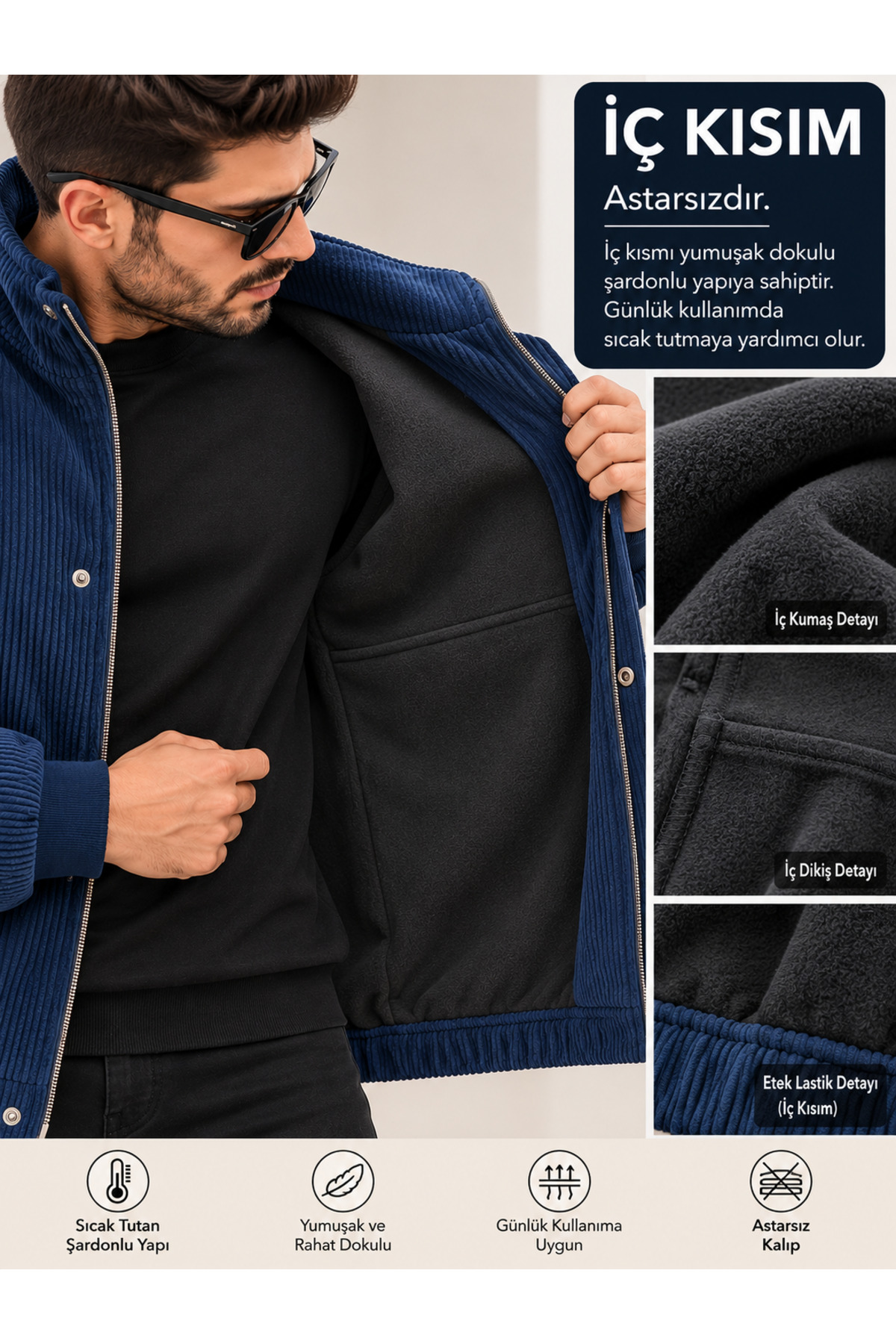 Erkek Fitilli Kadife Mont Astarsız Oversize Dik Yaka Çıtçıtlı Bomber Ceket — سرمه‌ای 8234 — تصویر 5 از 5