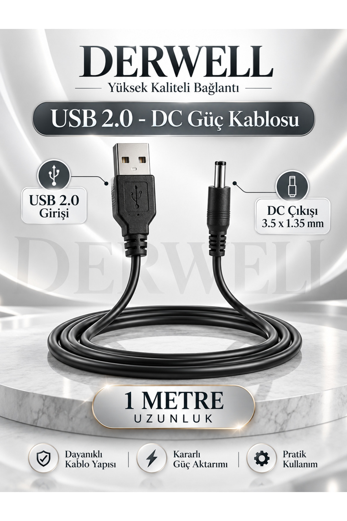 USB to DC 3.5x1.35mm 5V Güç Şarj Kablosu 1 Metre Modem Router Fan Mini Hoparlör Masa Lambası Akıllı Diş Fırçası Uyumlu Adaptör Çevirici Besleme Kablosu