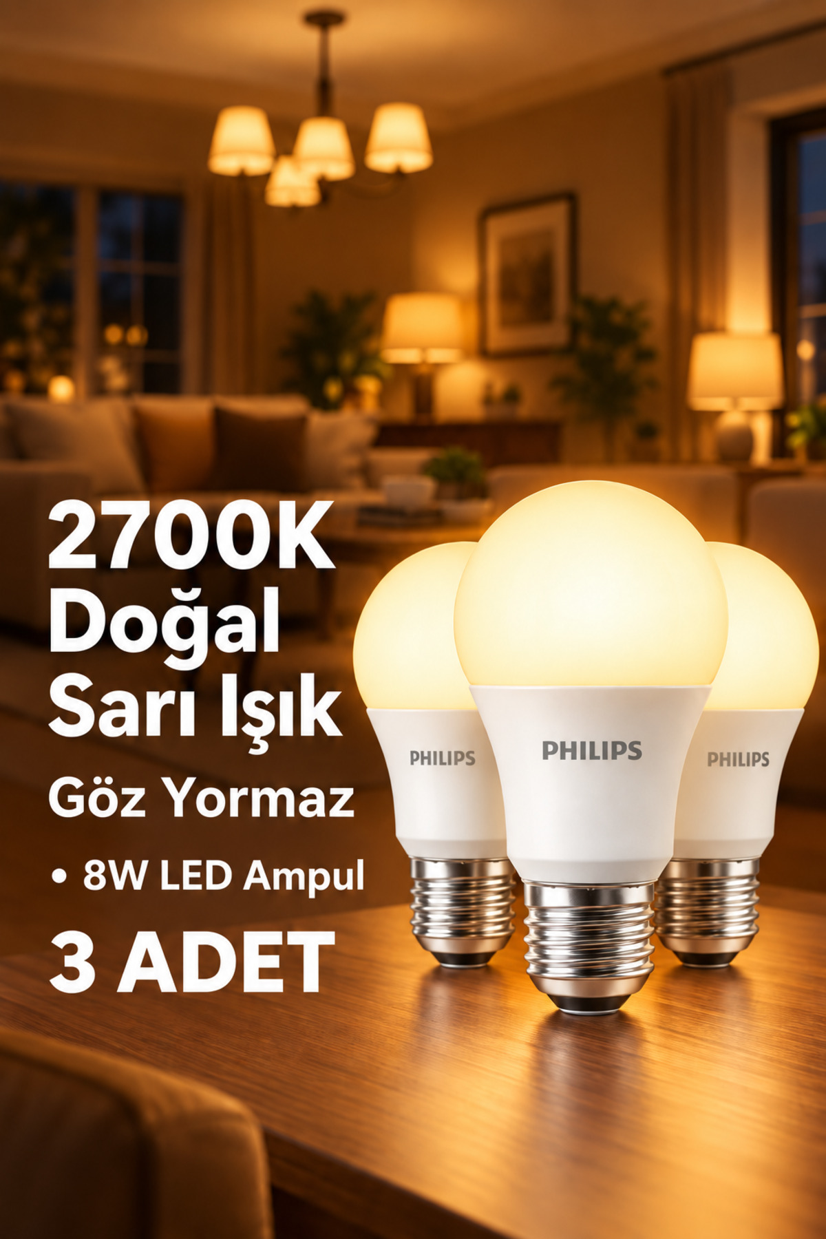 Philips 8W LED Ampul 3’lü Set • E27 • Sarı Işık • Göz Yormayan Tasarruflu Aydınlatma