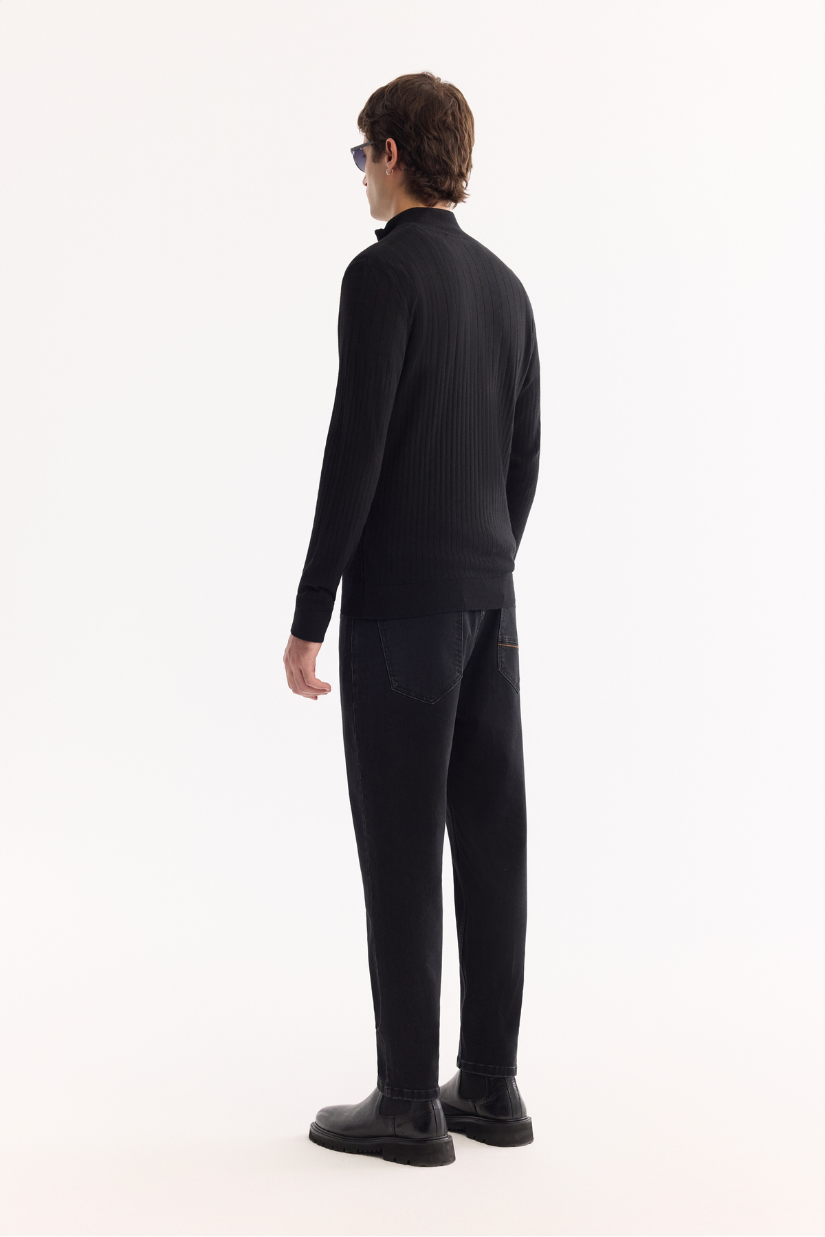 Erkek Siyah Dik Yaka Fermuarlı Soft Touch Çizgili Triko Regular Fit Kazak A52Y5151 — مشکی — تصویر 4 از 8