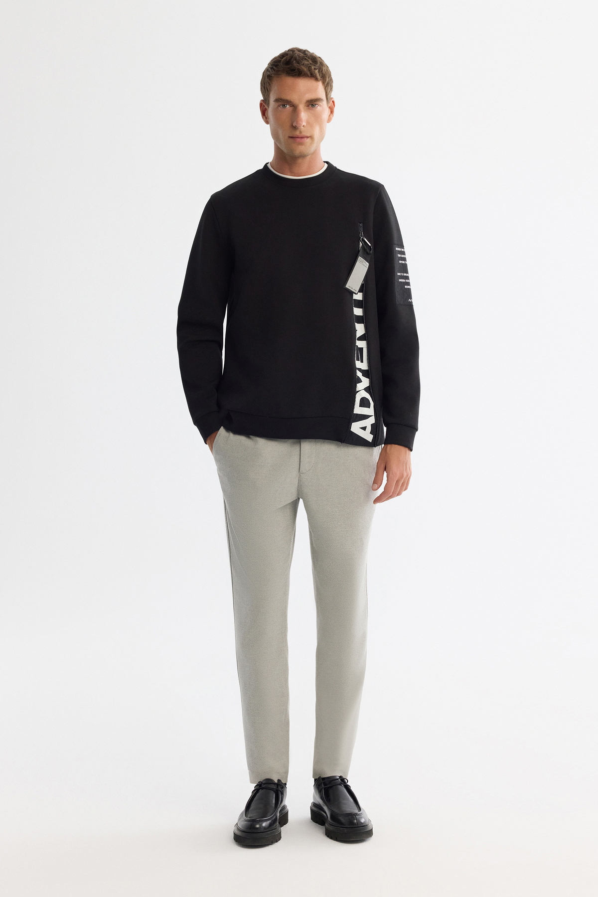 Erkek Siyah Bisiklet Yaka Pamuklu Baskılı Elastan Regular Fit Sweatshirt A42Y1246 — مشکی — تصویر 5 از 5