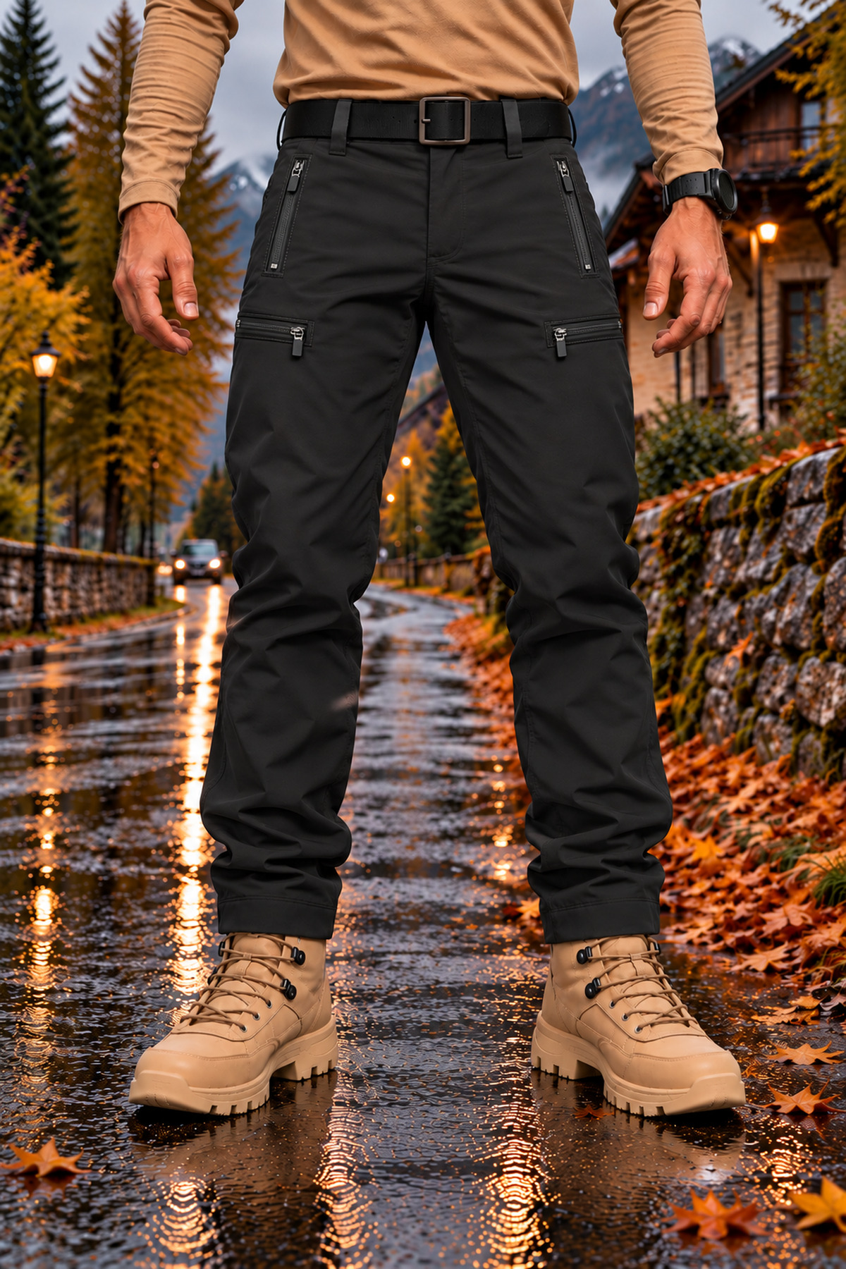 شلوار مردانه Softshell Cargo، آستر پشمی، ضد آب و باد، شلوار ضخیم زمستانی — مشکی TYC4201525FA3D866A494EC00 — تصویر 3 از 6