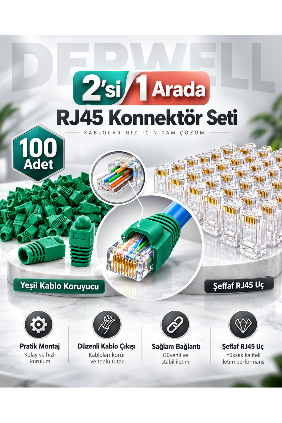 Yeni Nesil Rj45 Cat5 Cat6 Konnektör Delikli + Ağ Kablosu Boot Koruma Cover Kılıfı Konektörü Yeşil